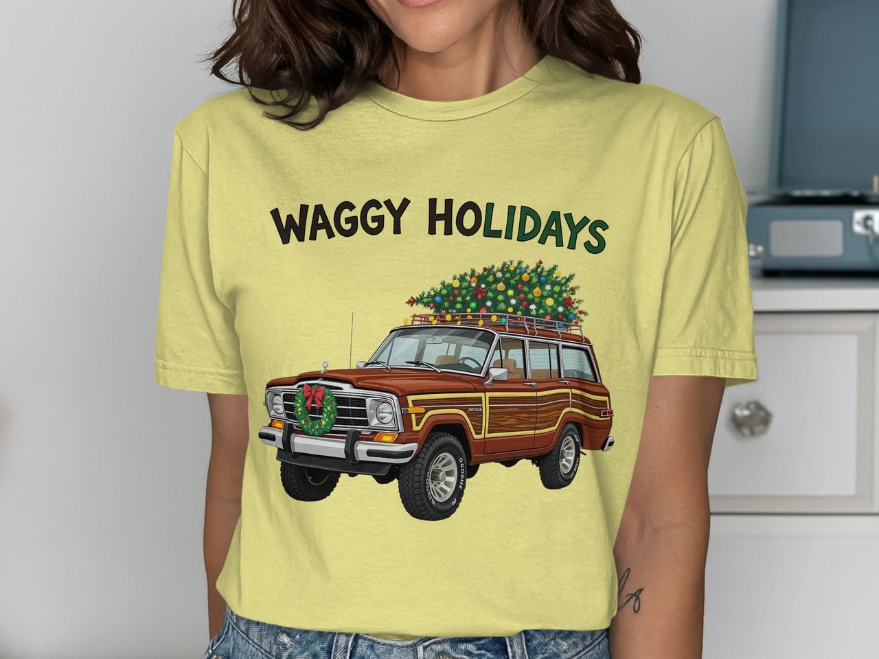 Waggy Holidays T-Shirt, Christmas Tree Car Shirt, Festive wagoneer Tee, Holiday Vehicle Apparel, Gift for Car Lovers, Christmas TShirt