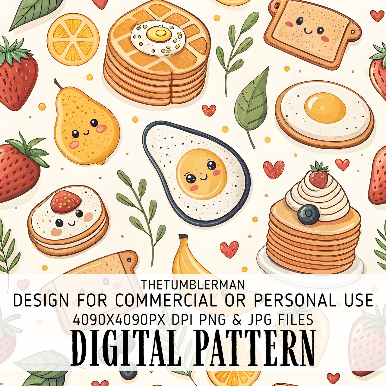 Digital Food Pattern, Digital Breakfast Pattern, Cute Food Illustration, Digital Seamless Pattern, Food Clipart, Digital Bundle Pattern