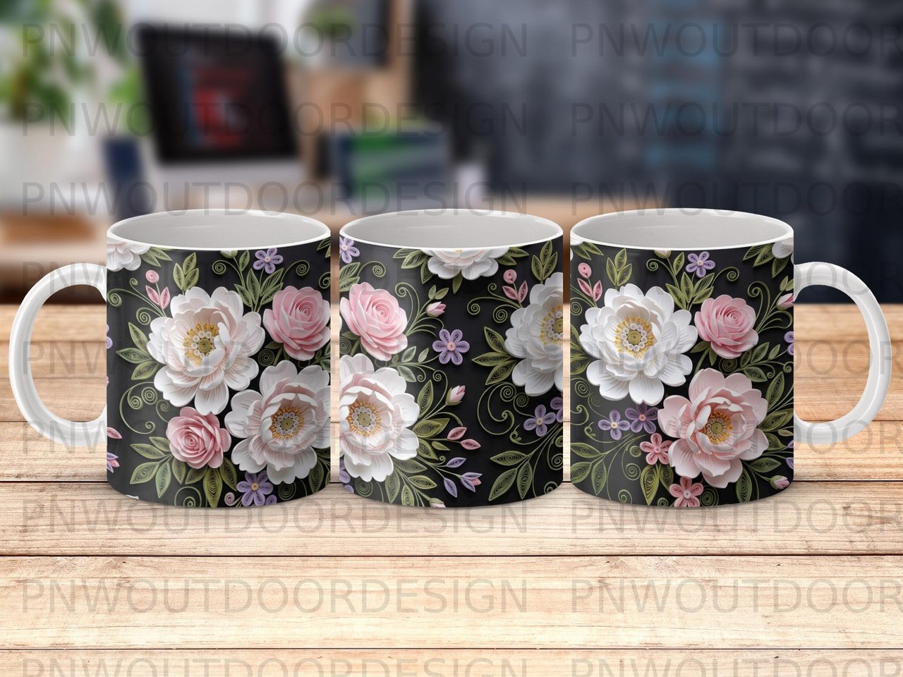 Quilled Floral Mug Wrap Sublimation Digital Download for 11oz 15oz Mugs, Elegant Peony Rose Flower Craft Design Template, Gift for Her