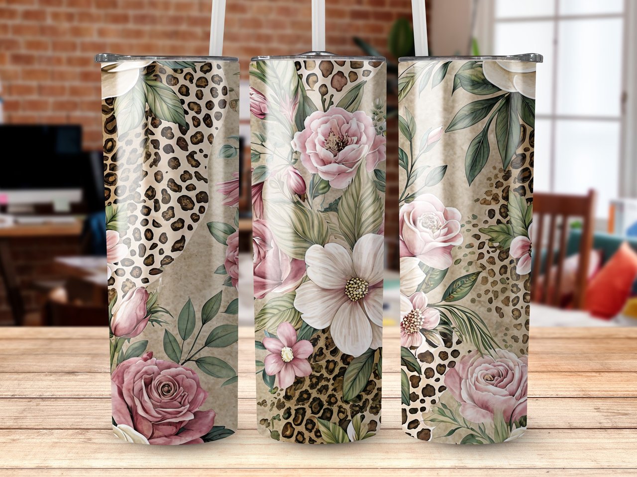 Floral Leopard 20oz Tumbler Wrap, Pink Roses Tumbler Design, Animal Print Tumbler PNG, Elegant Tumbler, Girly Tumbler, Digital Download
