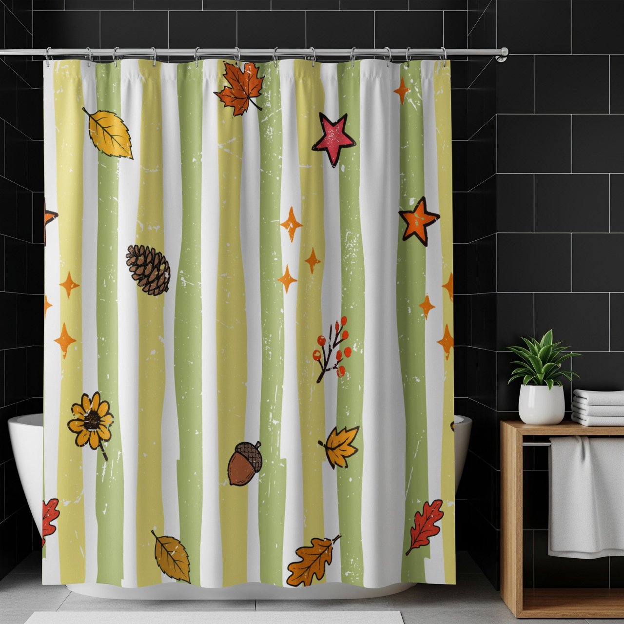 Fall Shower Curtain and Bath Mat Set, Rustic Autumn Botanical Bathroom Decor, Vintage Cottagecore Leaves Acorn Pinecone Yellow Green Decor