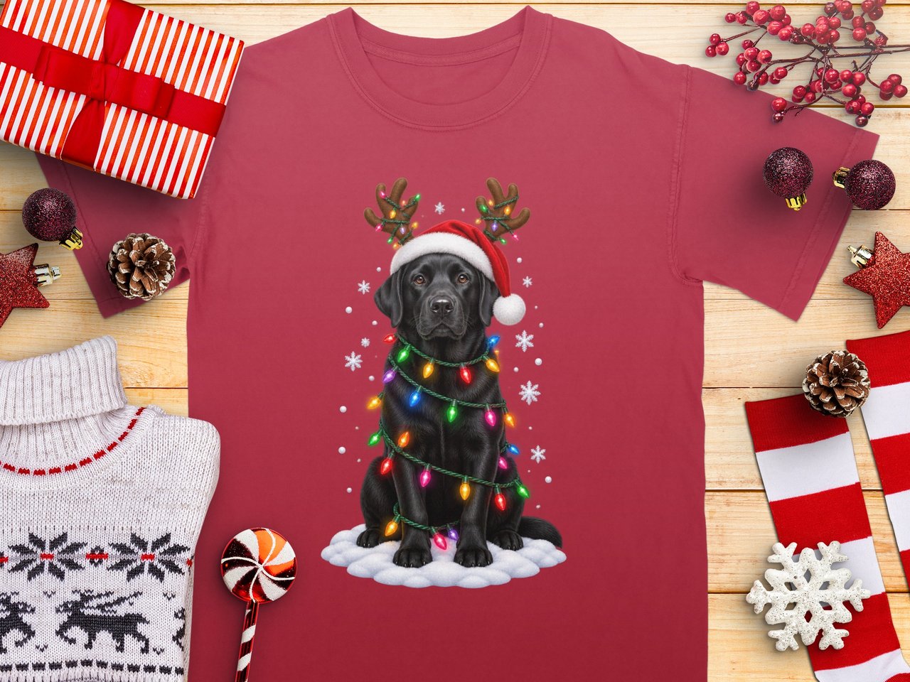Black Labrador Retriever Christmas Dog Reindeer Antlers Santa Hat Holiday Lights Graphic Standard T-Shirts
