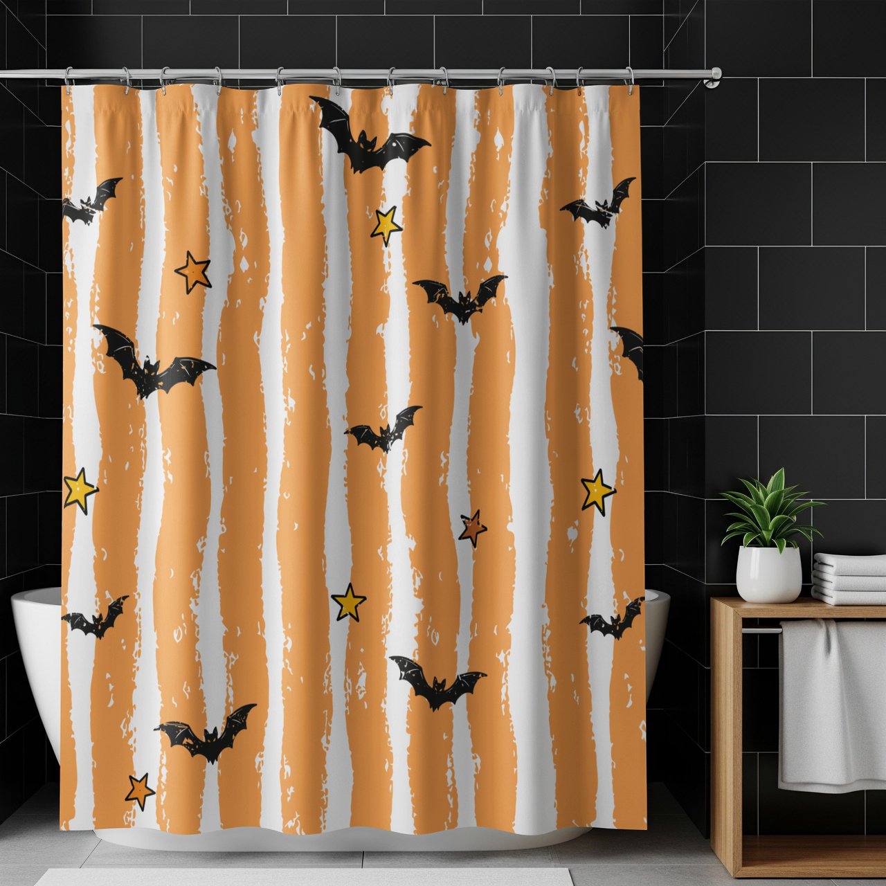 Halloween Bat Shower Curtain Bath Mat, Retro Spooky Bathroom Decor, Cute Orange Striped Fall Bath Set, Gothic Stars Housewarming Gift