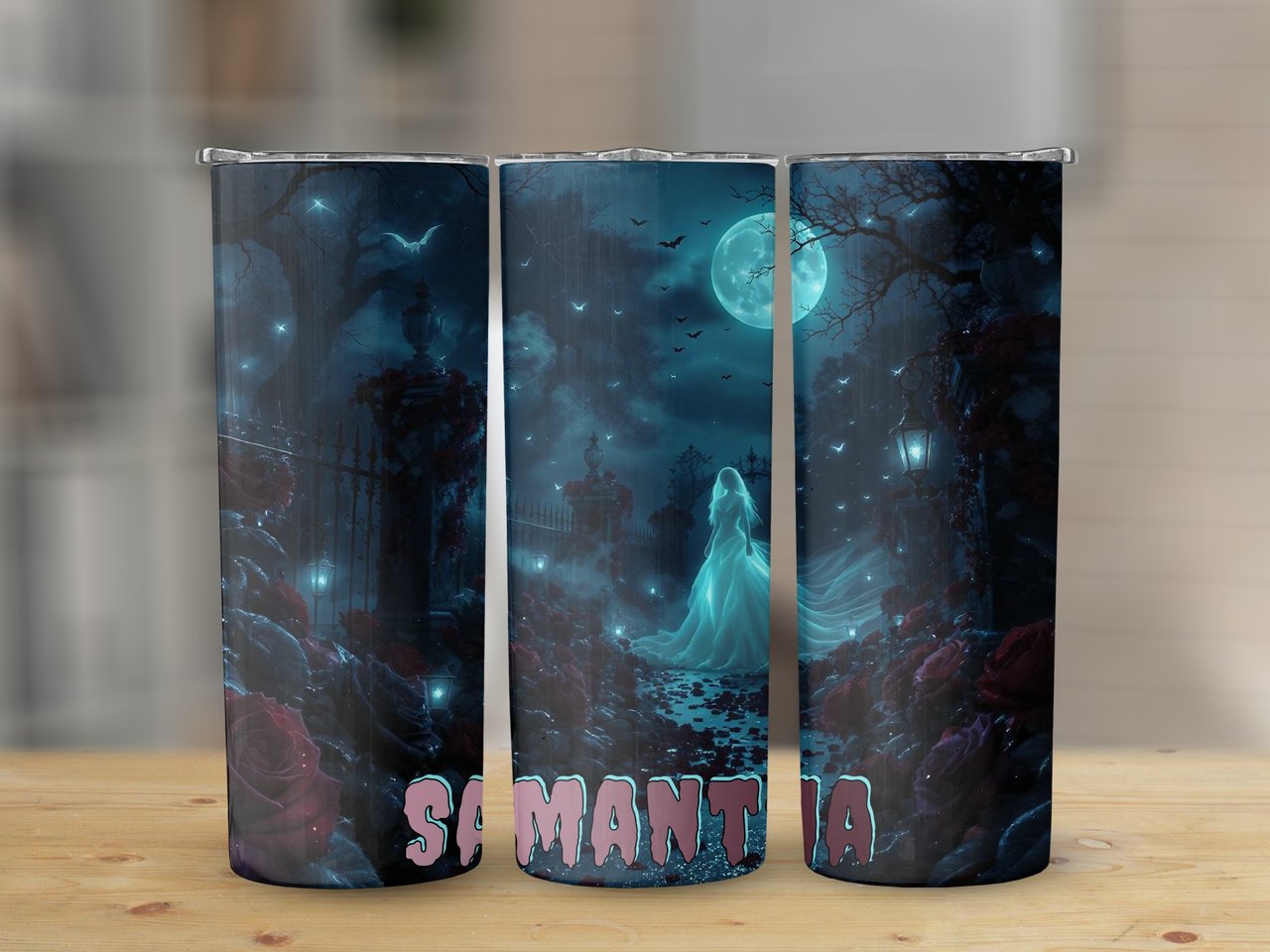 Personalized Halloween Tumbler, Spooky Ghost Tumbler, Custom Name Halloween Gift, Moon Bats Tumbler, Personalized Halloween Party