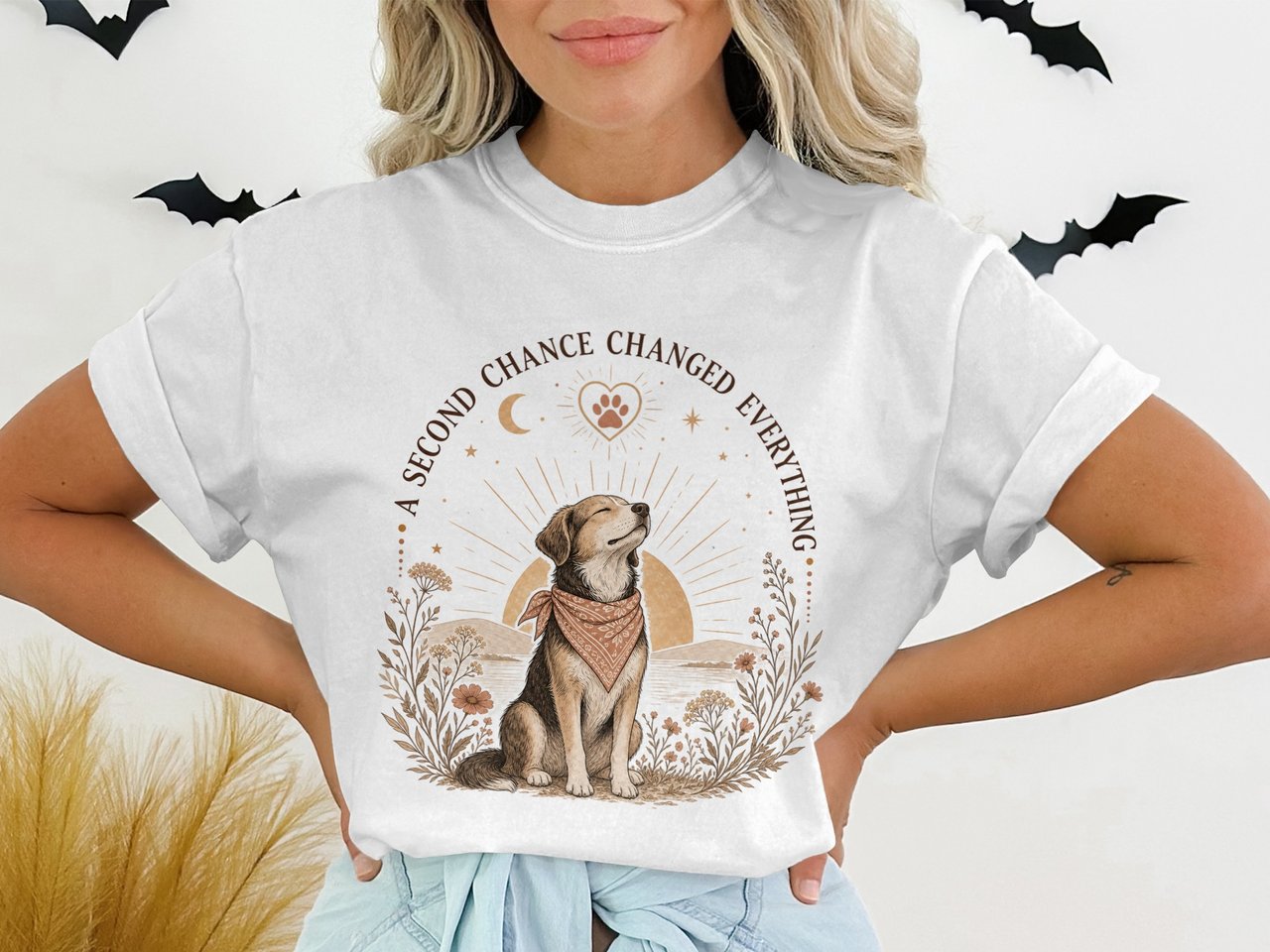 Second Chance Changed Everything Dog T-Shirt, Adopted Rescue Dog Mom Gift Tee, Boho Pet Lover Shirt with Paw Print Heart Design