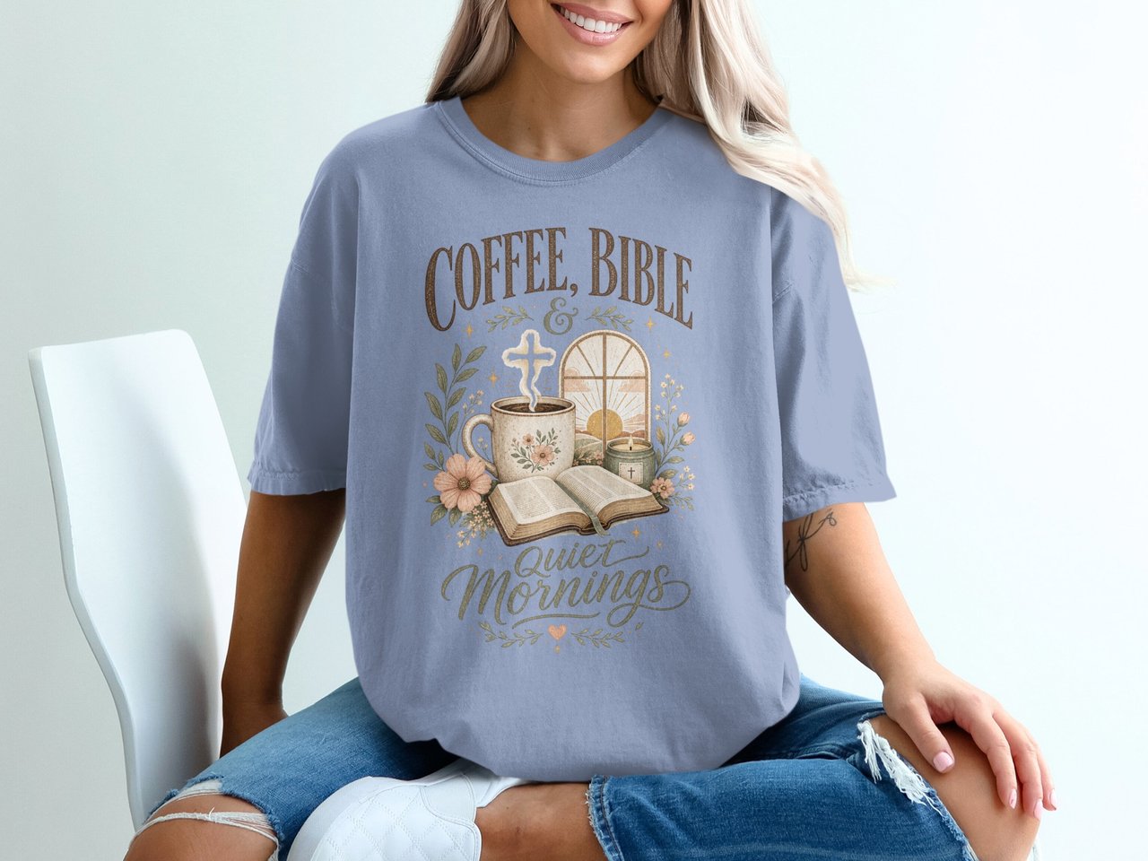 Coffee Bible Quiet Mornings T-Shirt, Christian Faith Tee, Devotional Gift for Her, Religious Woman Shirt, Cottagecore Cozy Top