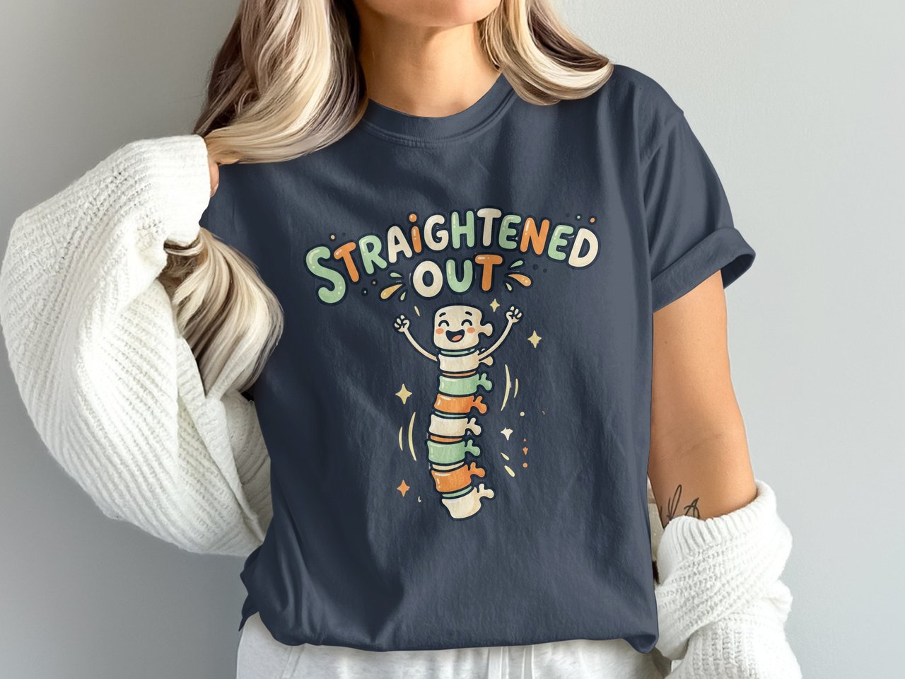 Scoliosis Fusion T-Shirt: Happy Spine Surgery Recovery, Straightened Out Cartoon Vertebrae Tee
