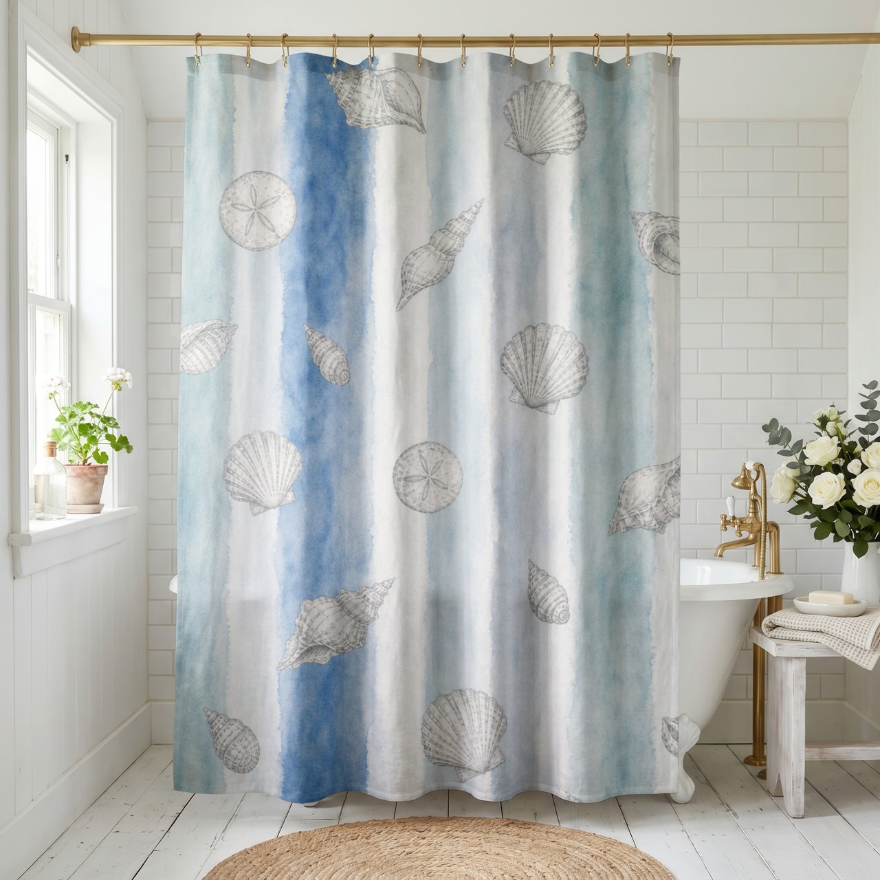 Seashell Coastal Stripe Shower Curtain