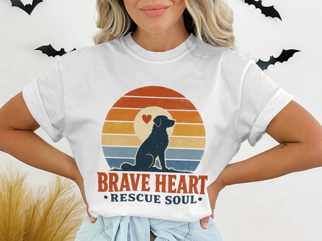 Rescue Dog T-Shirt Brave Heart Rescue Soul Dog Mom Gift Retro Sunset Animal Lover Adopt Don't Shop Vintage Dog Tee