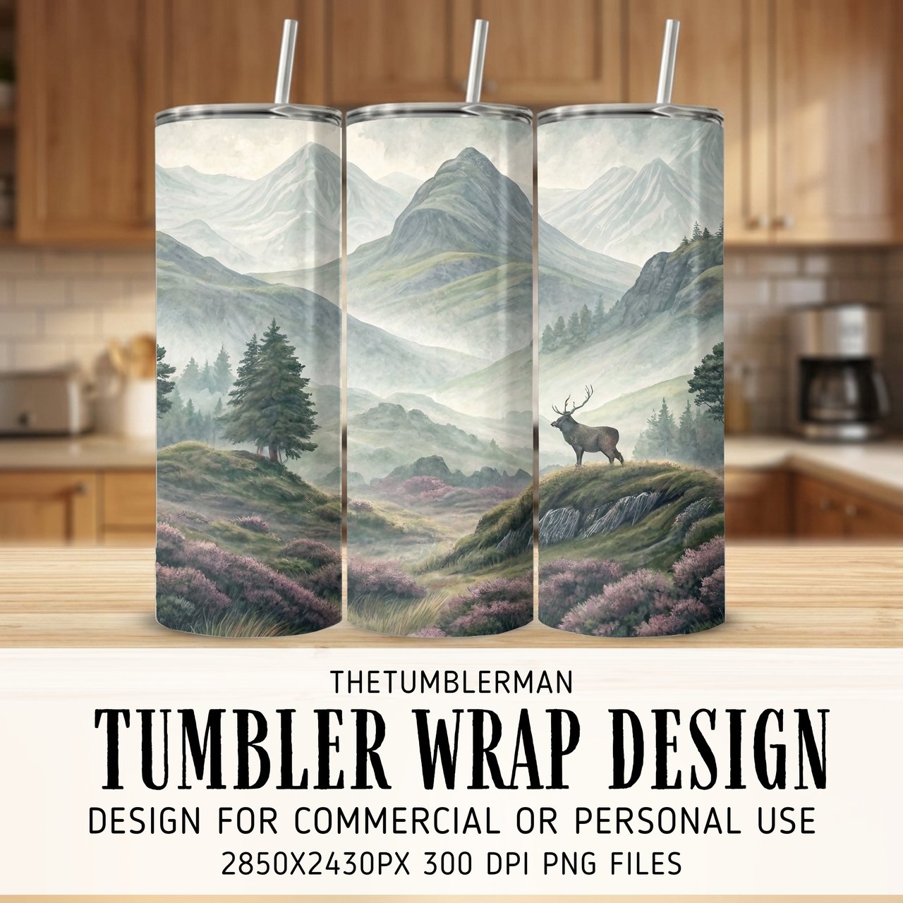 Misty Highlands Stag Landscape Digital Size Bundle Png