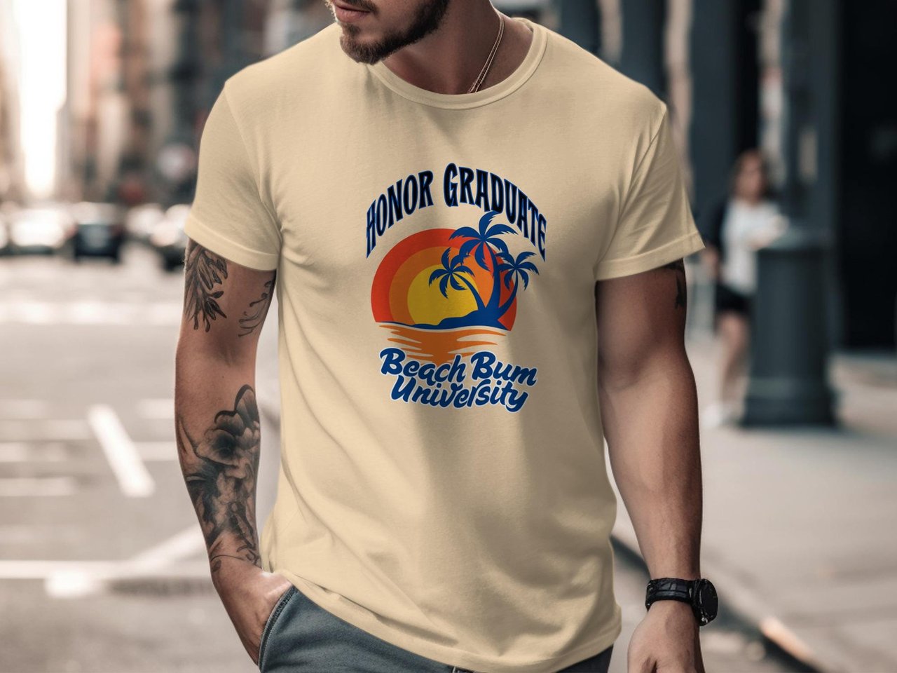 Beach Bum University Honor Graduate T-Shirt, Tropical Sunset Palm Tree Tee