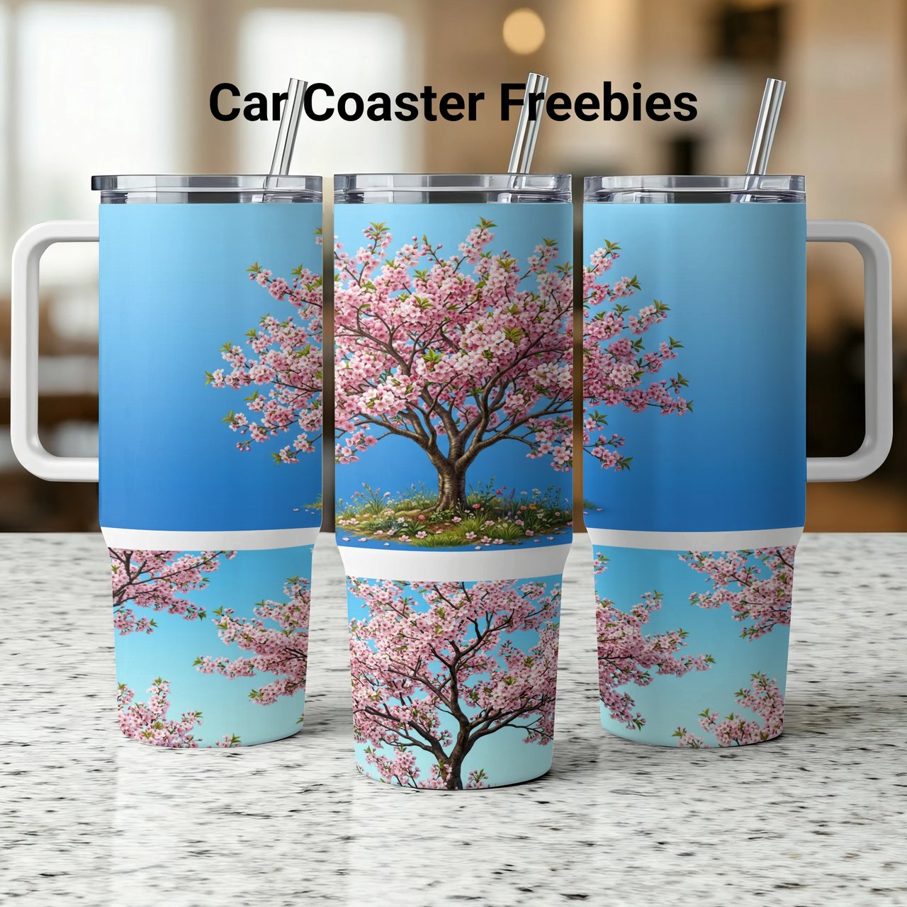 40oz Cherry Blossom Tumbler Wrap Design PNG | Full Wrap Sublimation Digital File for Spring Bloom Tumblers with Handle