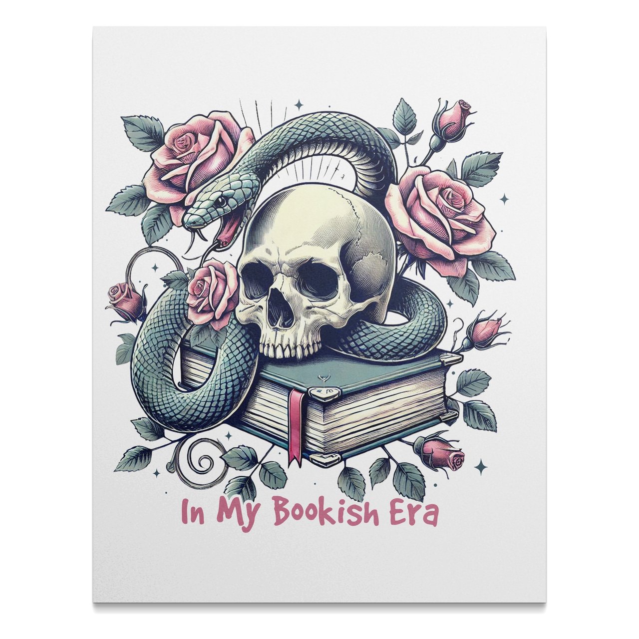 In My Bookish Era Poster, Skull Snake Rose Floral Print, Book Lover Gift, Gothic Home Decor, Dark Academia Wall Art, Fantasy Art Print