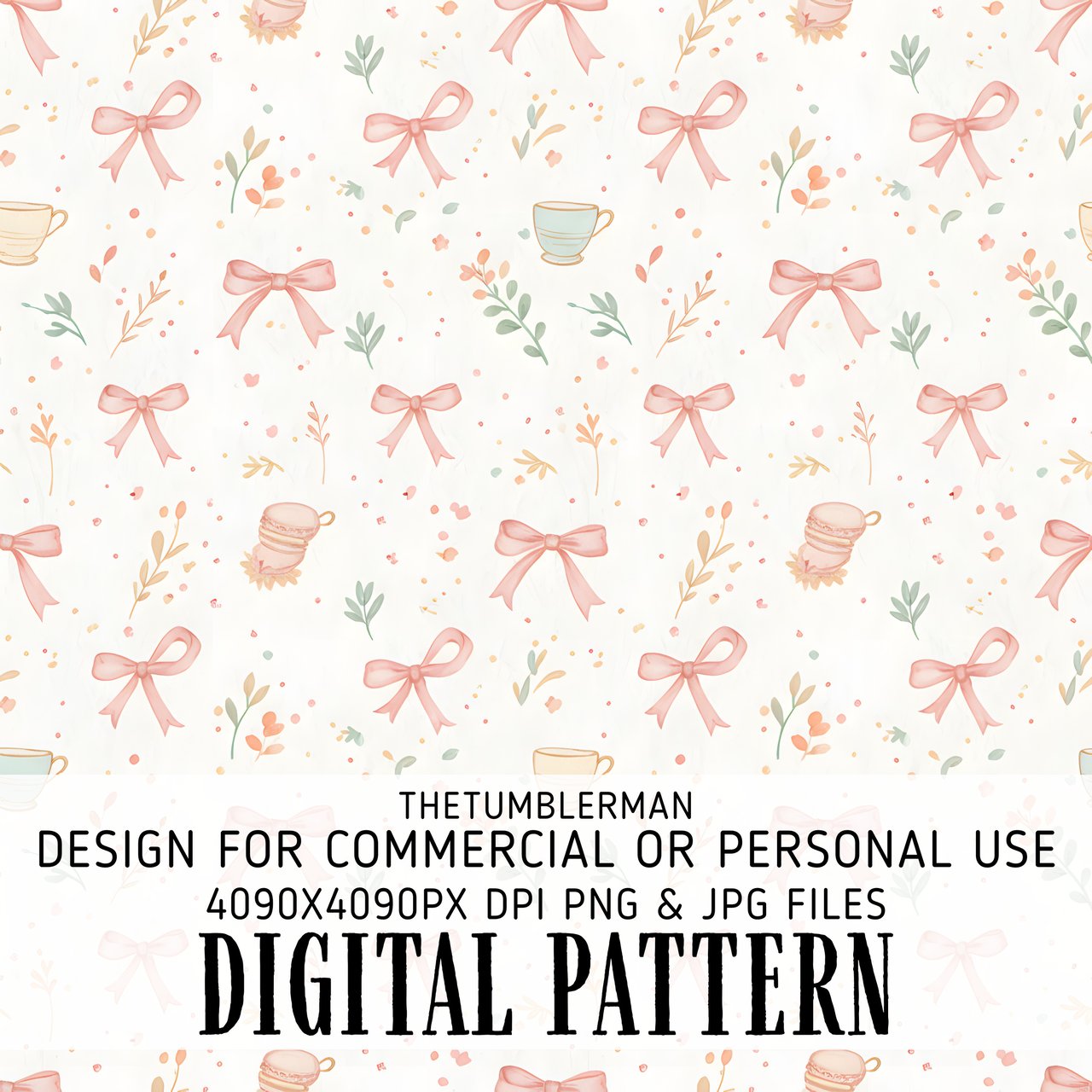 Digital Pattern, Seamless Pink Bows, Tea Cup Pattern, Macaron Pattern, Floral, Digital Bundle, Commercial Use, Tea Party Pattern, Print