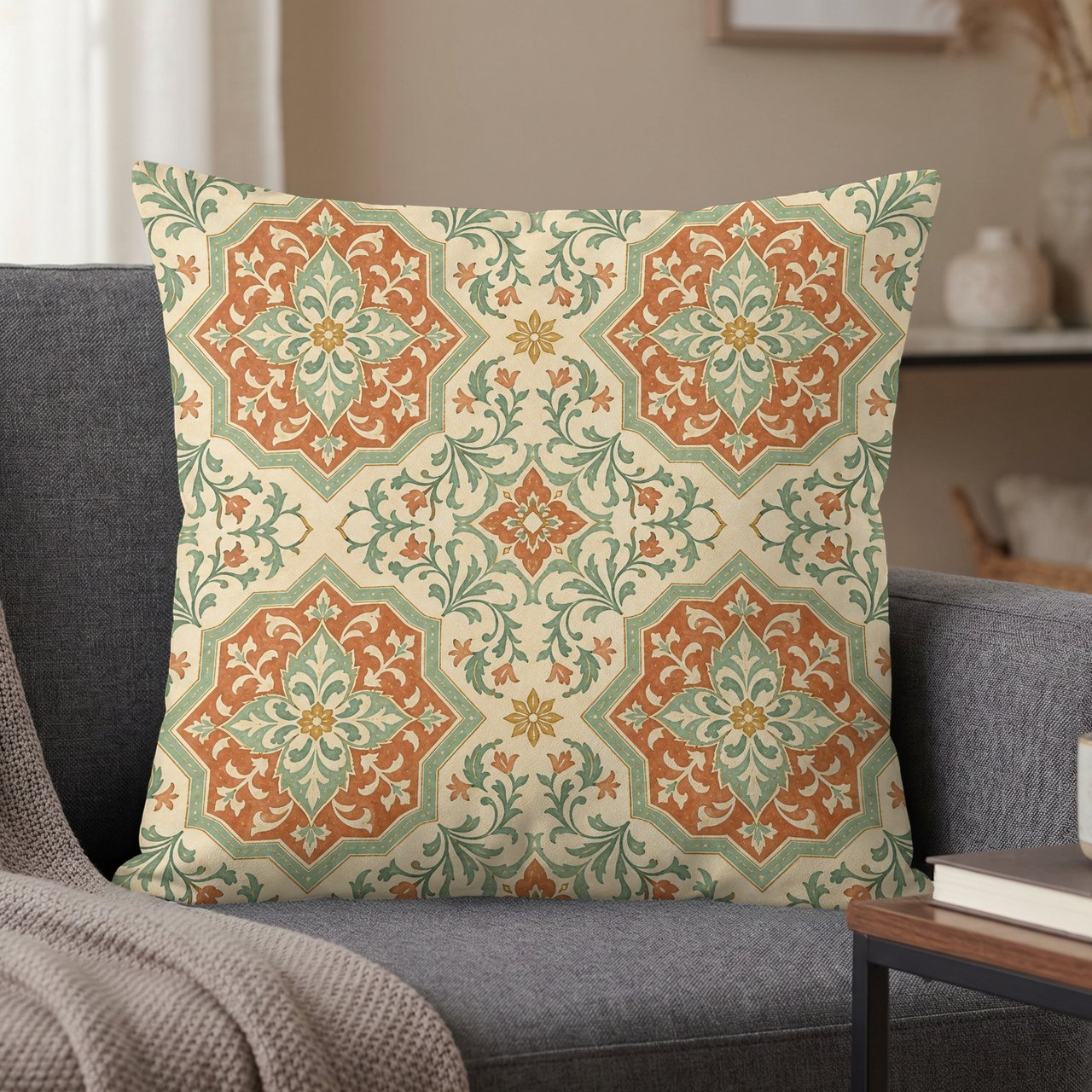 Moroccan Tile Pillow Case, Spanish Pattern Pillow Cover, Mediterranean Floral Cushion Cover, Vintage Boho Home Decor Accent Pillow