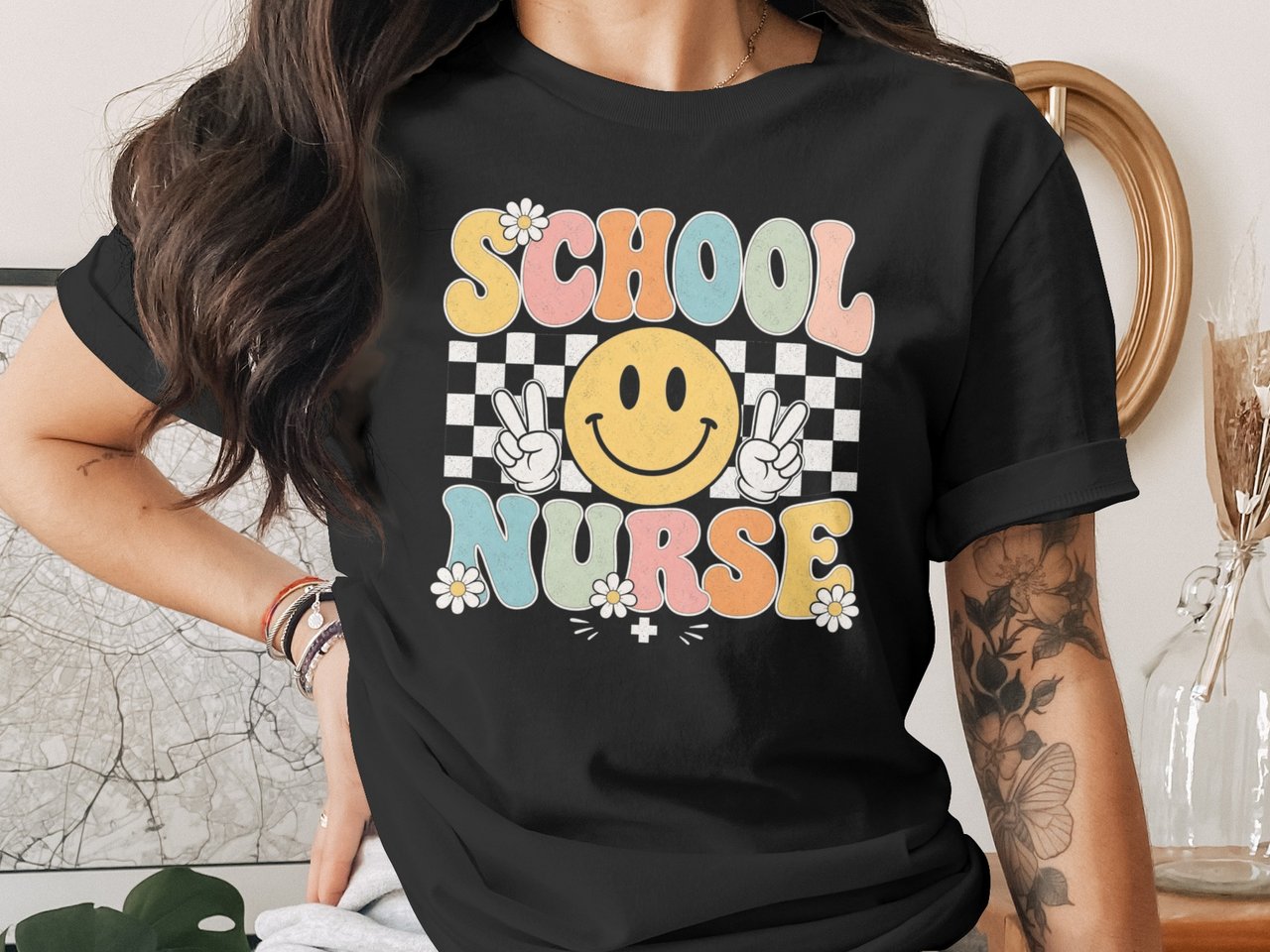 School Nurse T-Shirt: Retro Smiley Face, Checkerboard, Daisy Flowers Design