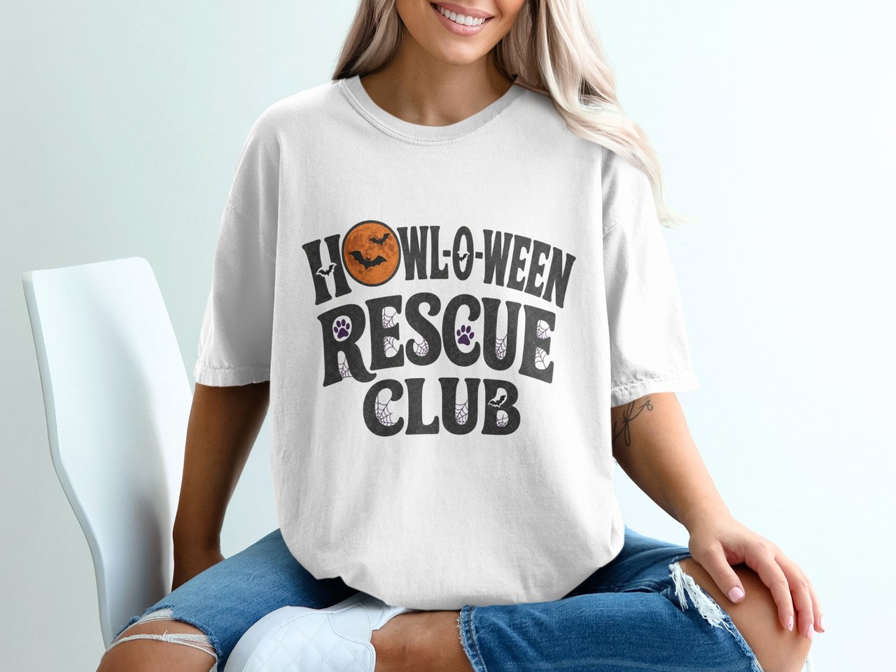 Howl-O-Ween Rescue Club T-Shirt, Spooky Pet Lover Tee, Dog Mom Bat Moon Shirt, Animal Rescue Volunteer Gift, Fall Season Apparel