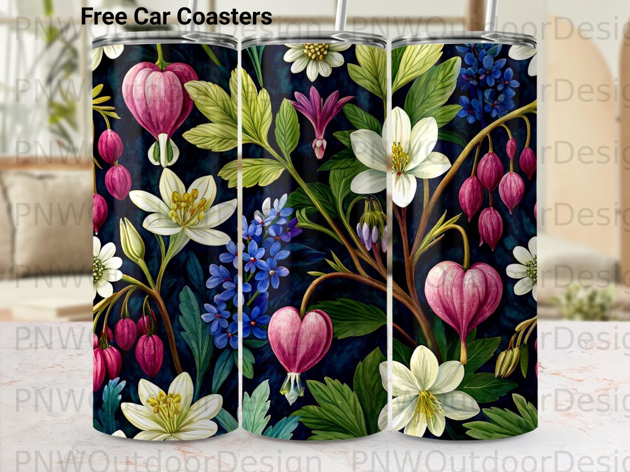 Dark Floral Tumbler Wrap PNG, 20oz Skinny Tumbler Sublimation Design, Seamless Bleeding Heart Digital File + Car Coasters