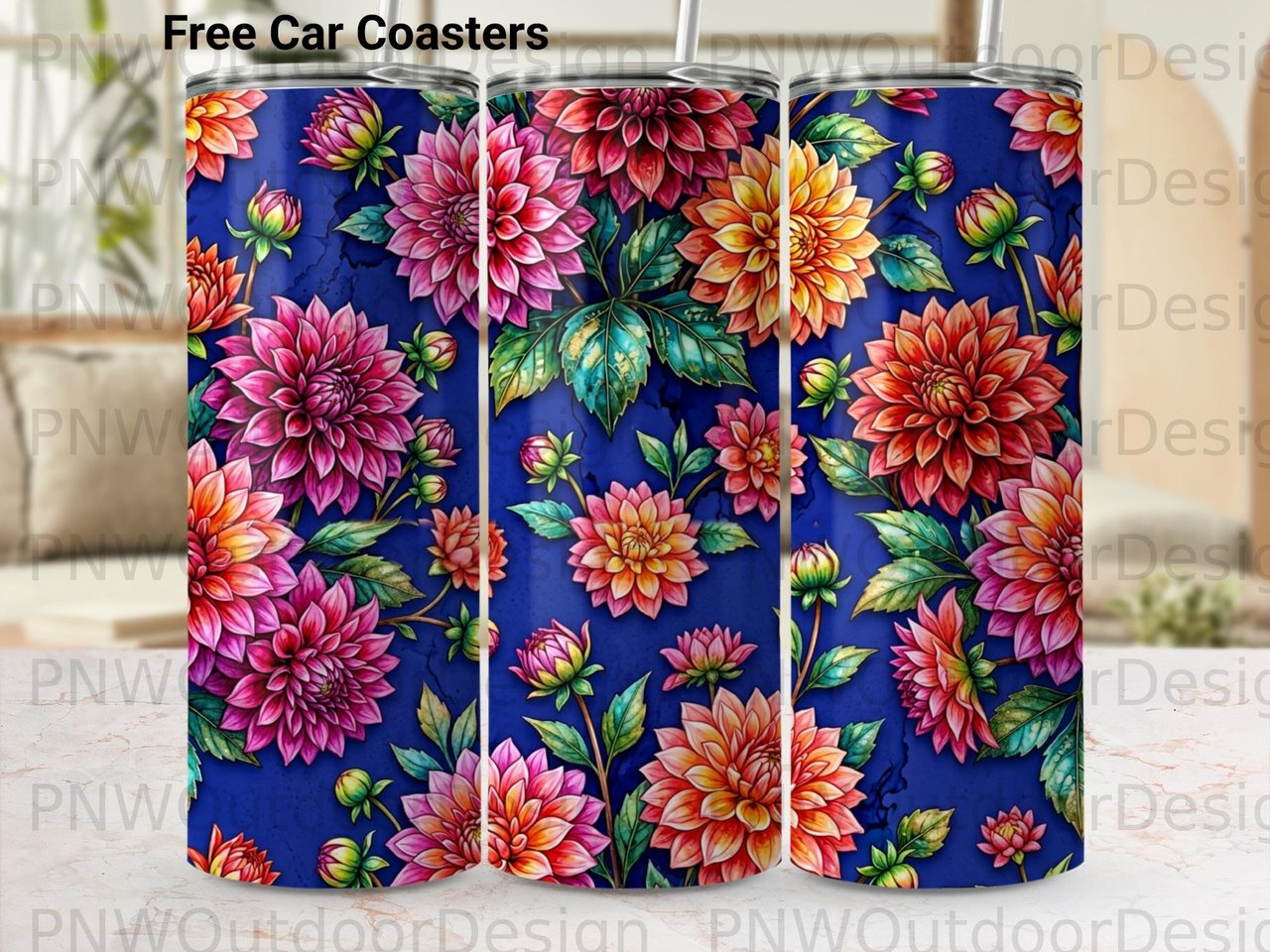 Dahlia Tumbler Sublimation PNG 20oz Skinny Tumbler Design Digital Download, Seamless Floral Wrap File for Crafting