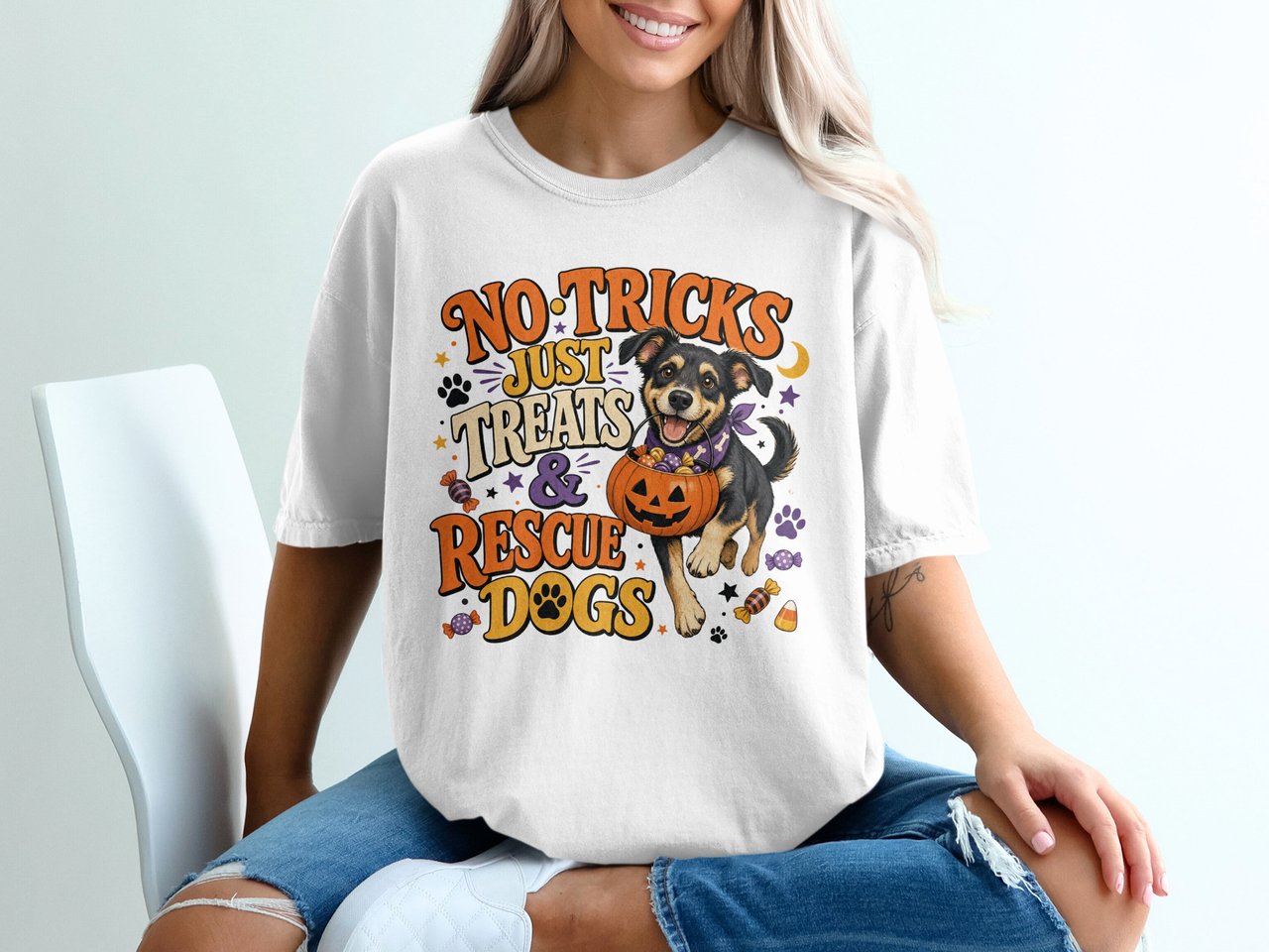No Tricks Just Treats and Rescue Dogs T-Shirt | Halloween Dog Lover Tee | Adopt Don't Shop Shirt | Spooky Season Canine Apparel