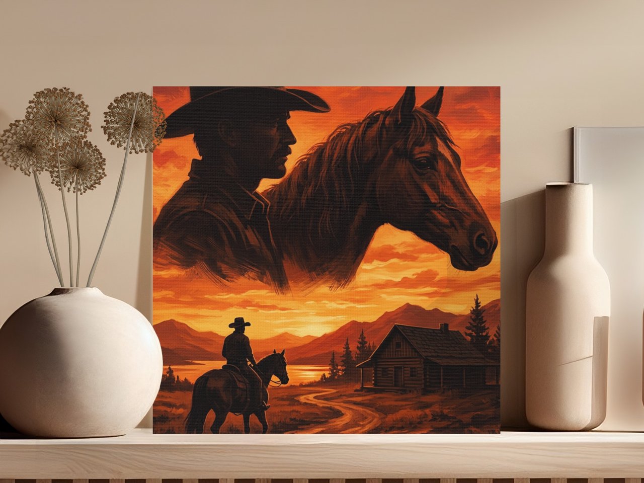 Cowboy & Horse Sunset Canvas Wall Art | Rustic Western Decor Print | Ranch Life Cabin Landscape Gift for Him