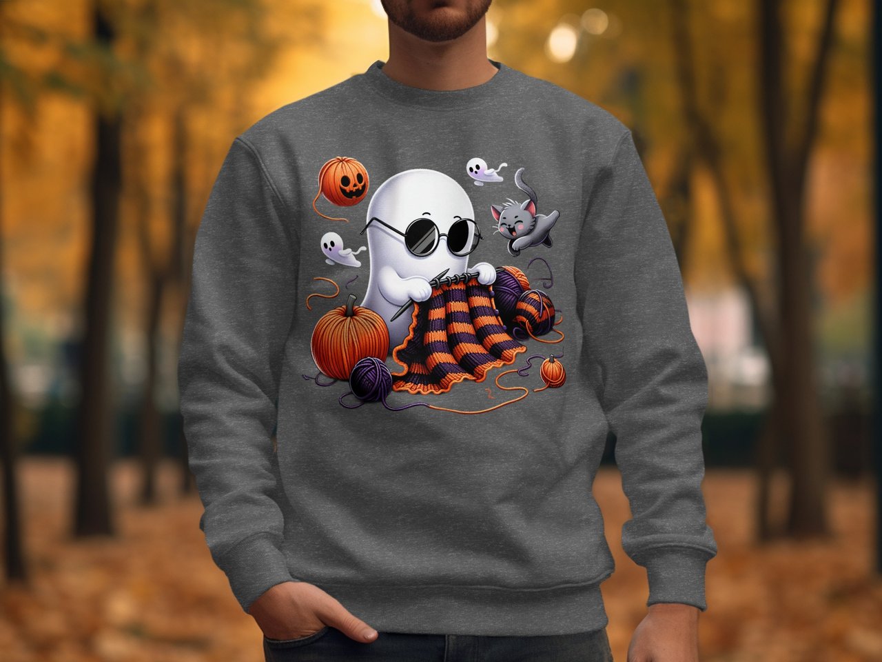 Knitting Ghost T-Shirt, Halloween Ghost Shirt, Spooky Cute Tee, Funny Ghost Design, Ghost with Cat and Pumpkin, Fall Season T Shirt