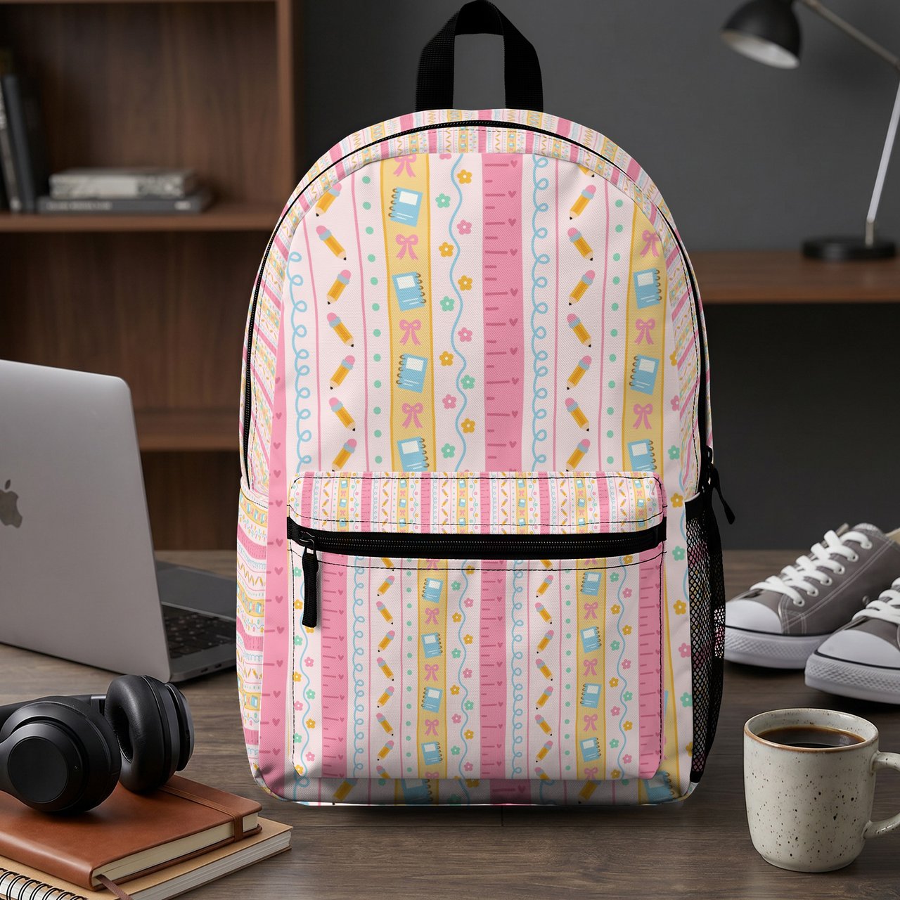 Cute School Supplies Pattern Backpack, Aesthetic Student Bag, Playful Pencil Notebook Print Spiral Notebook, Kawaii Stationery Lover Gift