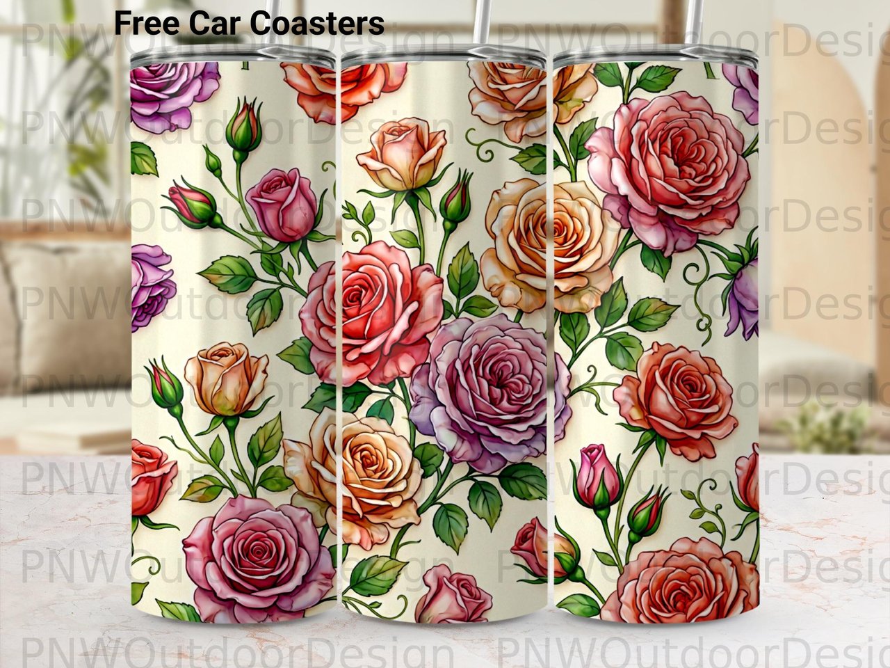 Vintage Rose Tumbler Wrap PNG | Floral Sublimation Design for 20oz Skinny Tumbler | Seamless Digital Download with Free Car Coaster PNGs