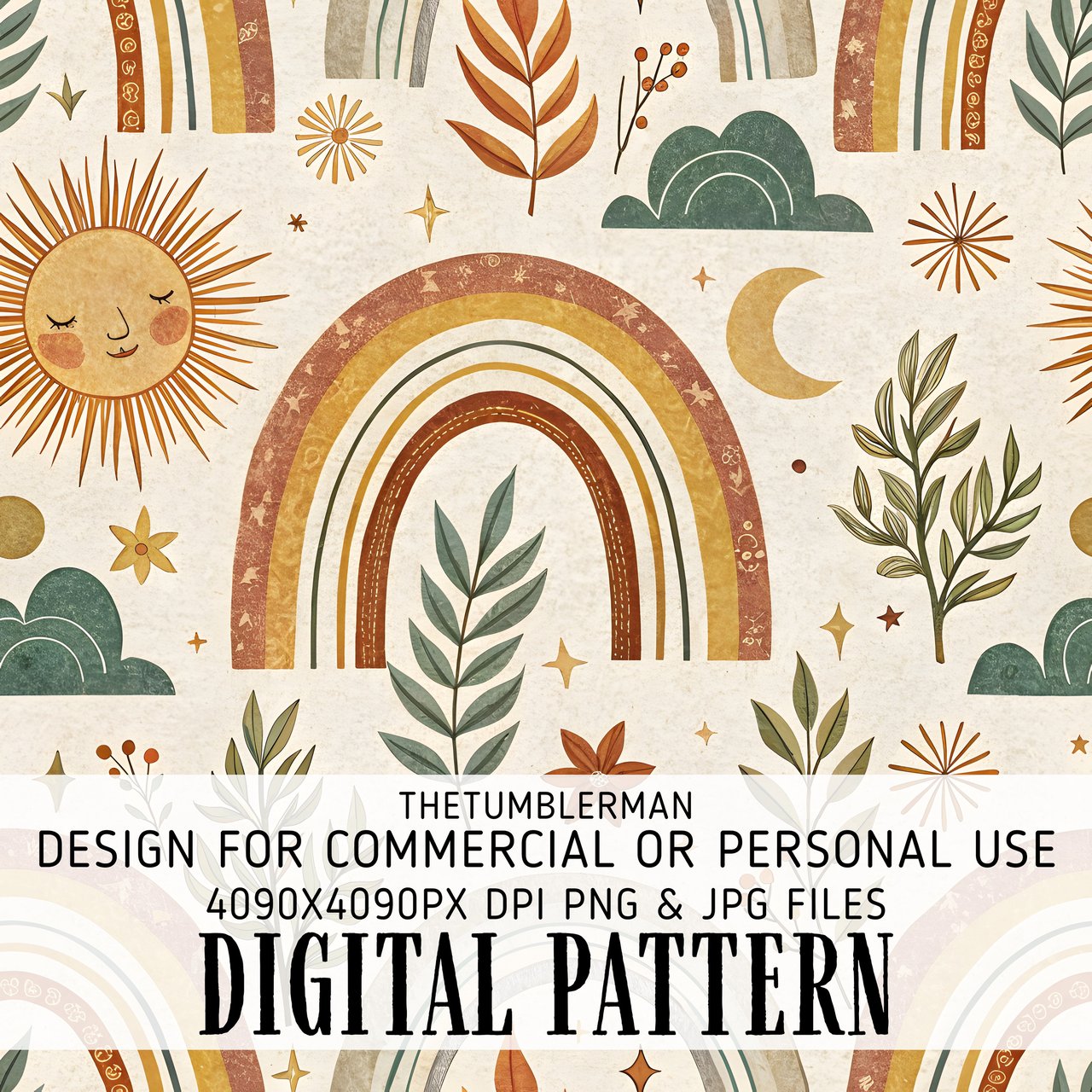 Digital Pattern, Boho Rainbow, Sun and Moon, Seamless Pattern, Digital Bundle, Nursery Pattern, Kids Design, Fabric Design, Digital Paper