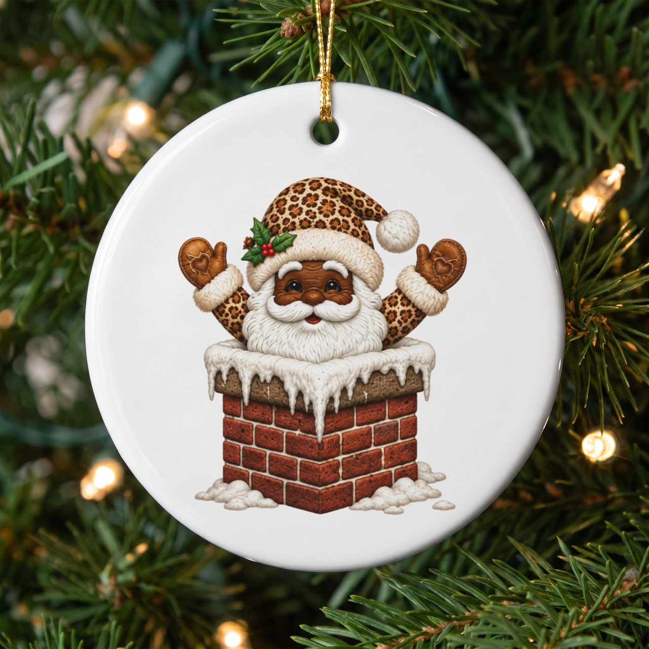 Black Santa Christmas Ornament, Cute Leopard Print Santa in Chimney Tree Hanging Ornament, African American Holiday Keepsake Decor Gift