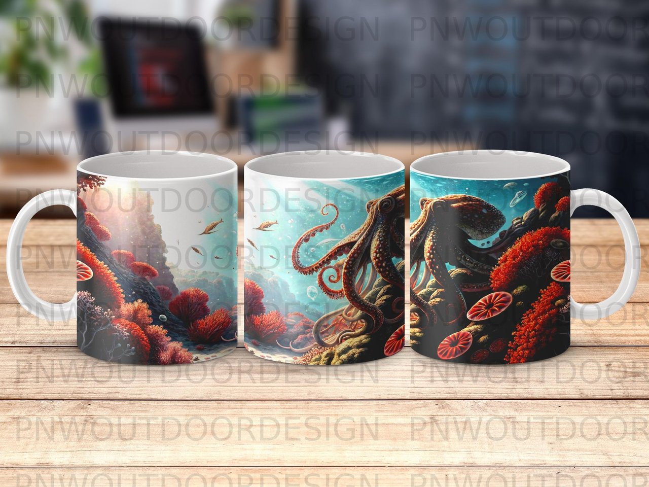 Octopus Mug Sublimation Wrap, Deep Sea Fantasy Marine Life 11oz 15oz Mug Digital Design for Ocean Lovers Gift