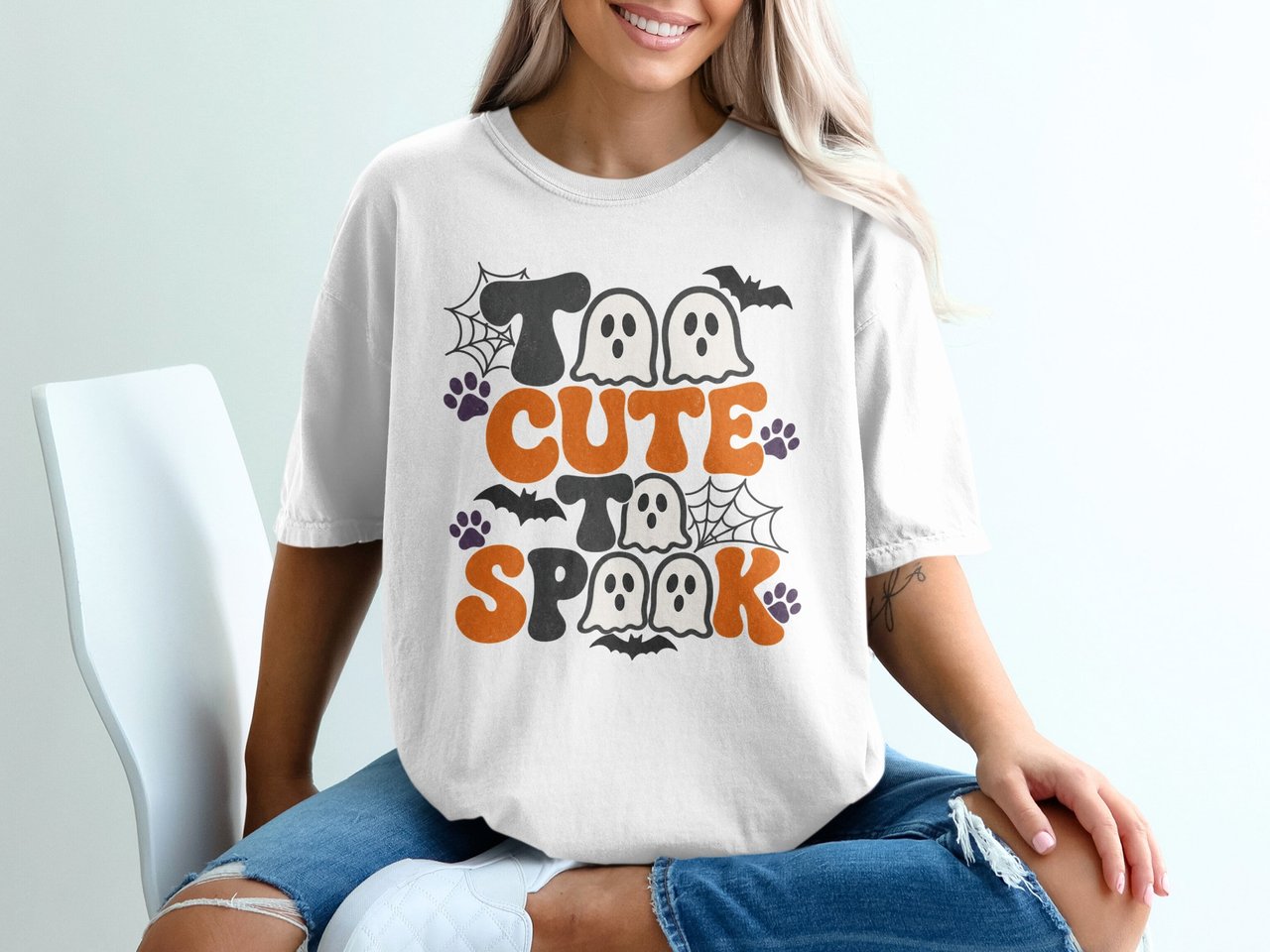 Too Cute To Spook Halloween T-Shirt, Retro Ghost Bat Paw Print Spooky Season Tee, Vintage Fall Autumn Outfit