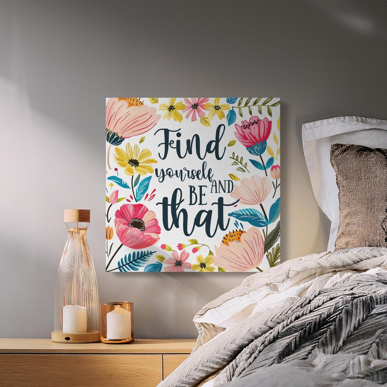 Find Yourself Canvas Wrap, Floral Motivational Quote Art, Inspiring Wall Decor, Positive Affirmation Art, Boho Chic Gift, Home Decor