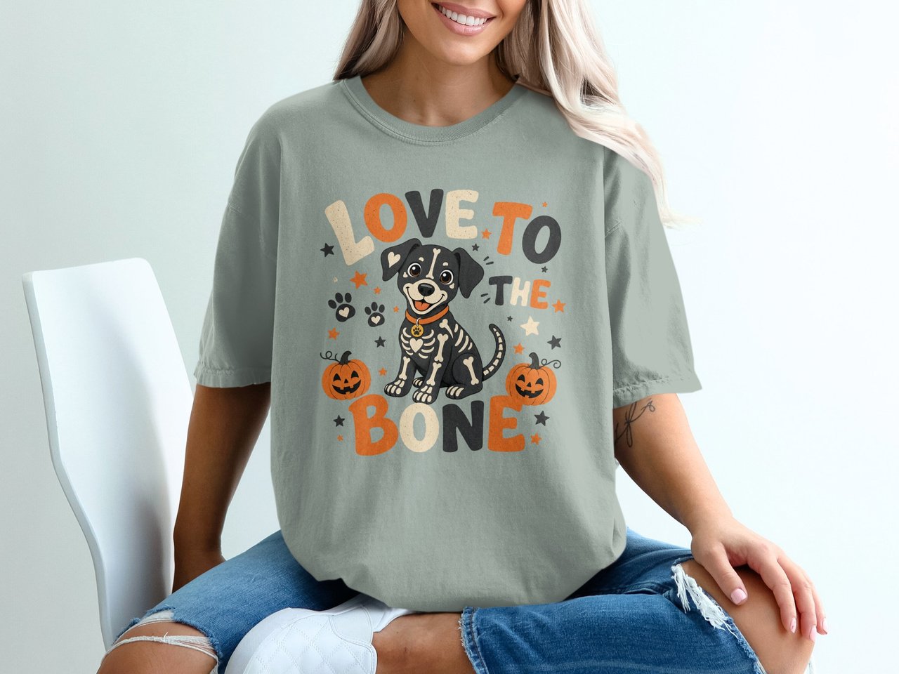 Love To The Bone Halloween Dog Shirt, Spooky Cute Skeleton Puppy T-Shirt, Funny Fall Dog Mom Pet Lover Gift Tee