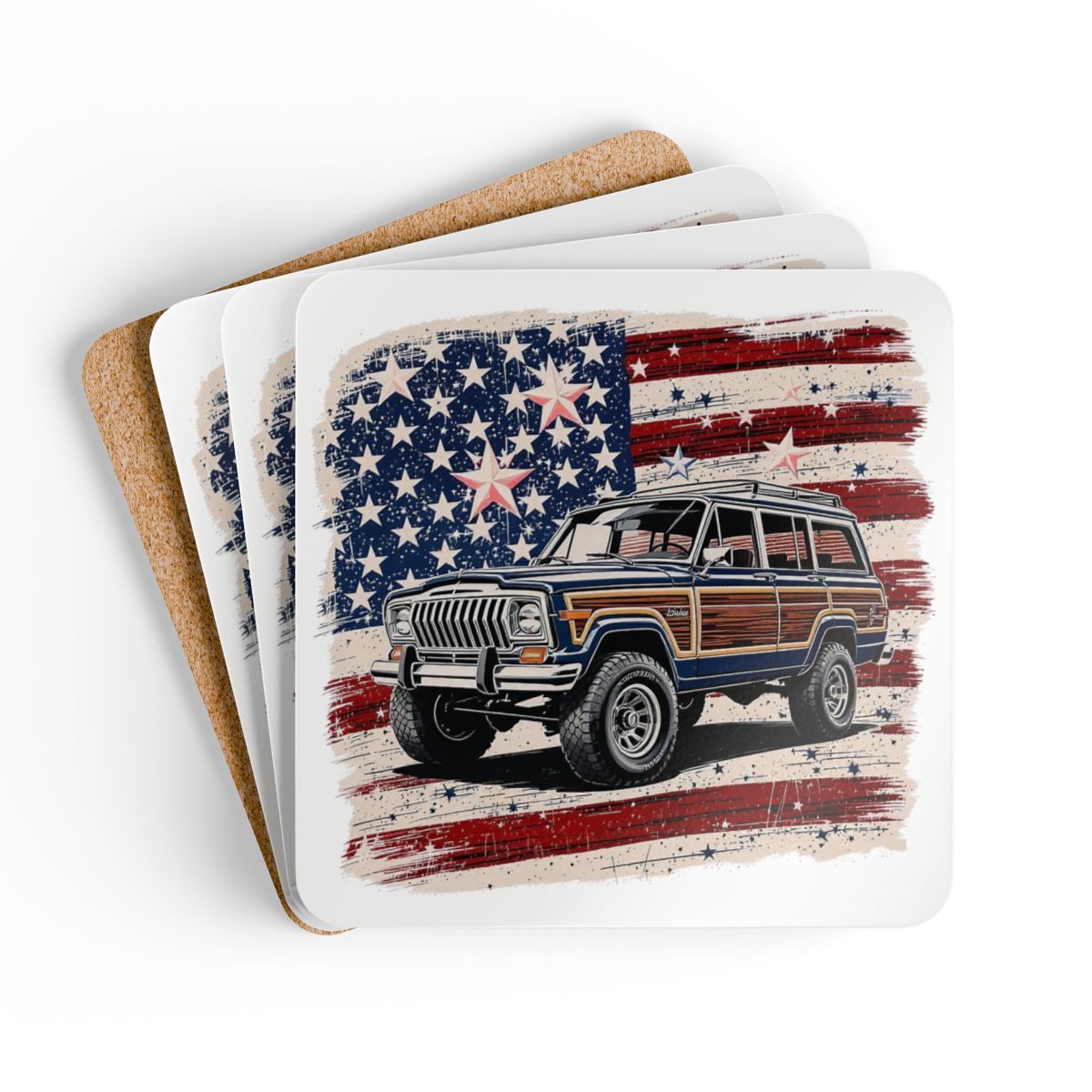 Grand Wagoneer Corkwood Coaster Set, Car Coasters, The Waggy, American Flag Coasters, Car Lover Gift, Classic Car Art, Drink Coasters