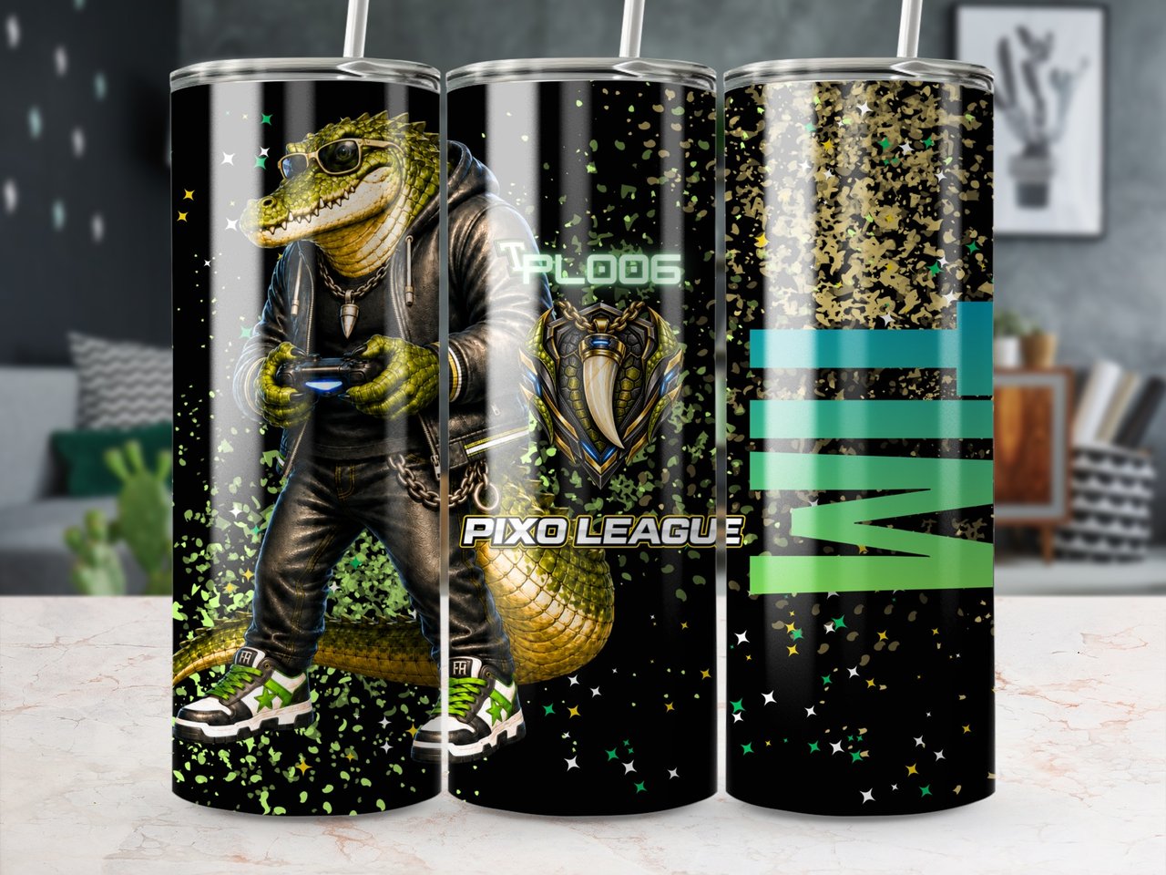 20oz Skinny Tumbler with Straw, Gamer Tumbler, Crocodile Gaming Cup, Video Game Gift for Boys and Teens