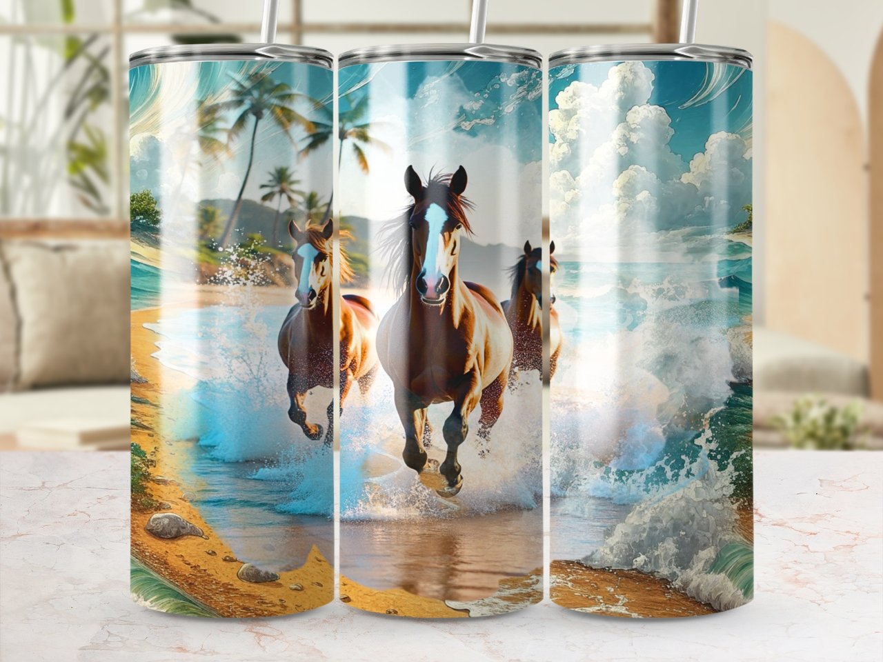 Horses Tumbler Wrap, Beach Tumbler Design, 20oz Skinny Tumbler, Seamless Tumbler Wrap, Animal Tumbler, Ocean Tumbler Design