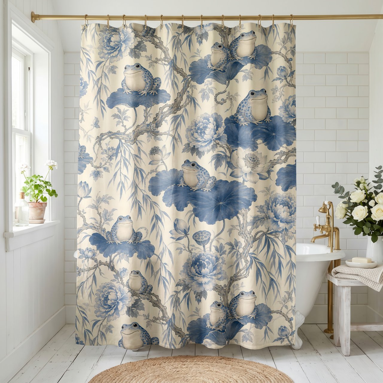Whimsical Blue Lotus Frog Pond Shower Curtain