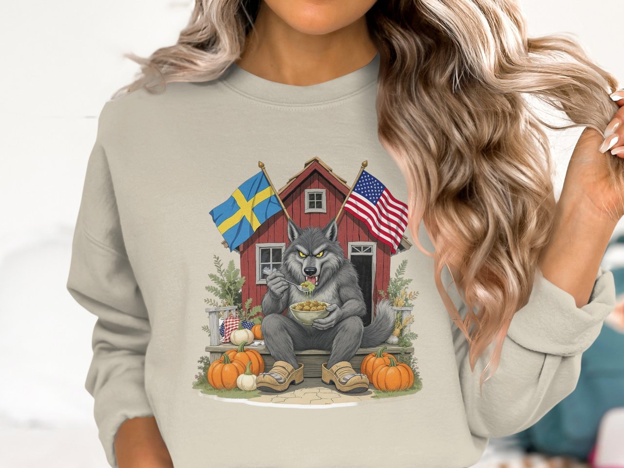 Swedish American Halloween Sweatshirt and T-shirts, Wolf, American Flags, Swedish Flags, Eating Meatballs, House, Pumpkins, Holiday Gift