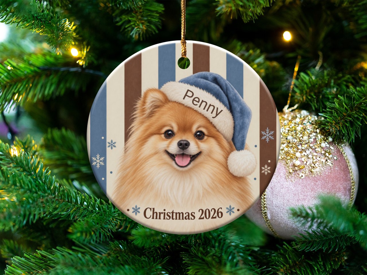 Pomeranian Christmas Ornament 2026, Dog Mom Gift, Cute Fluffy Puppy Blue Santa Hat Xmas Tree Keepsake, Holiday Gift for Dog Lover