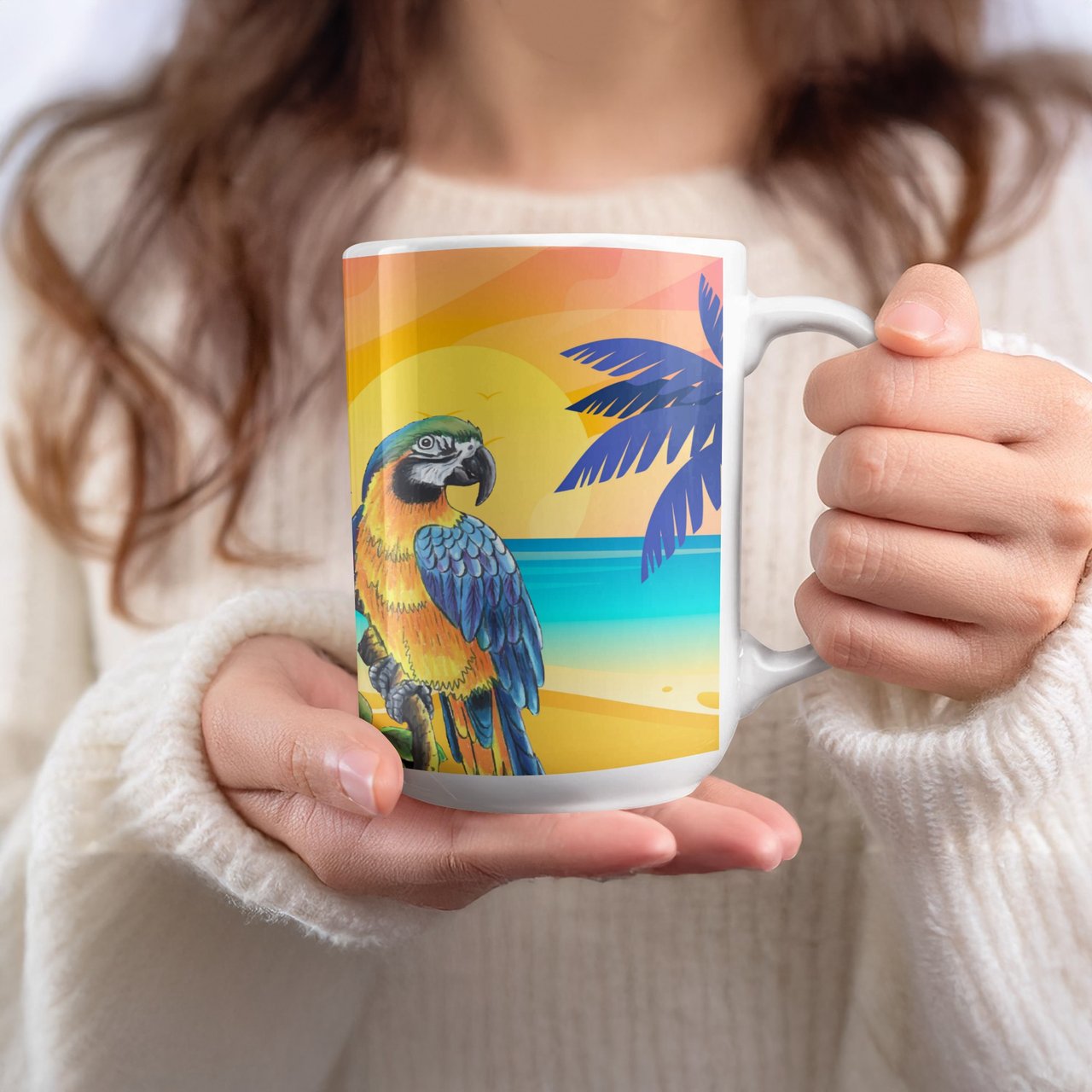 Vibrant Tropical Parrot Art Print Mug, Macaw Sunset Beach Scene , Exotic Paradise Gift 