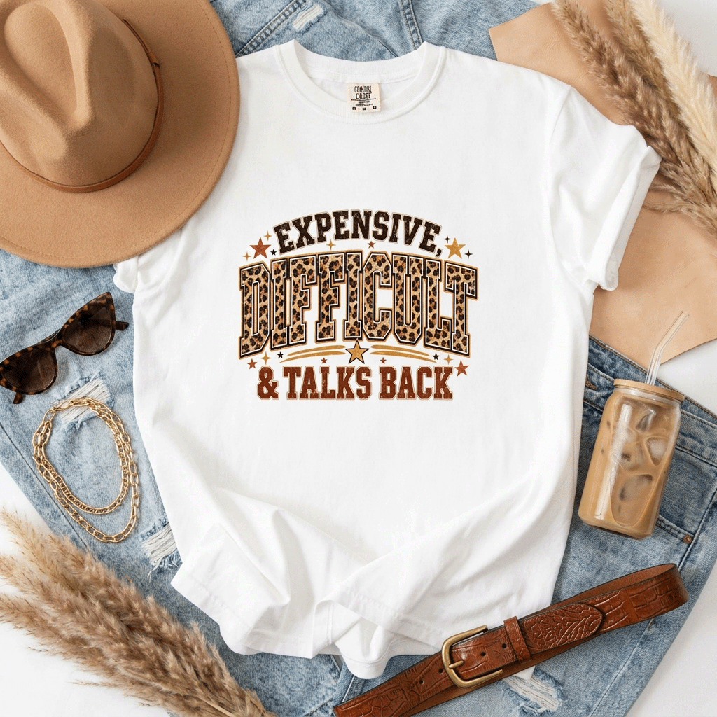 Expensive Difficult Talks Back PNG, Leopard Print Funny Quote Design, Distressed Varsity Digital Download