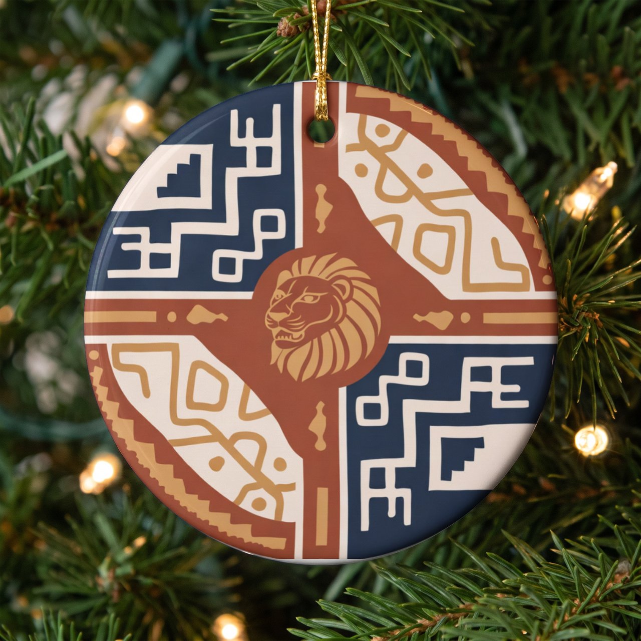 Tribal Lion Ornament, Boho Leo Zodiac Shield Christmas Tree Bauble, Southwestern Geometric Decor, Earth Tone Gift for Big Cat Lover
