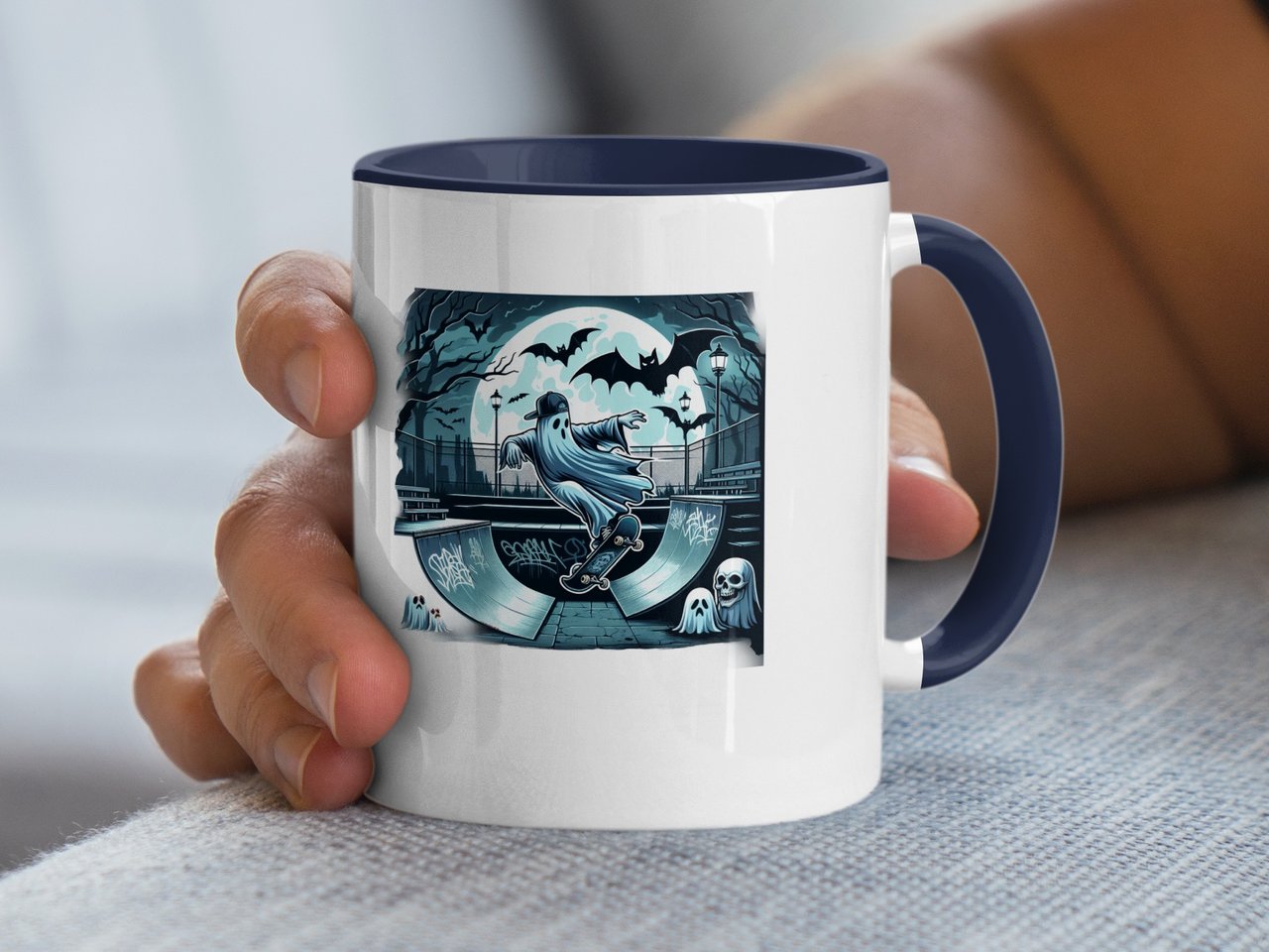 Halloween Mug, Skateboarding Ghost Mug, Spooky Season Mug, Halloween Gift Idea, Skateboarder Gift, Unique Coffee Mug, Ghost Skateboarding
