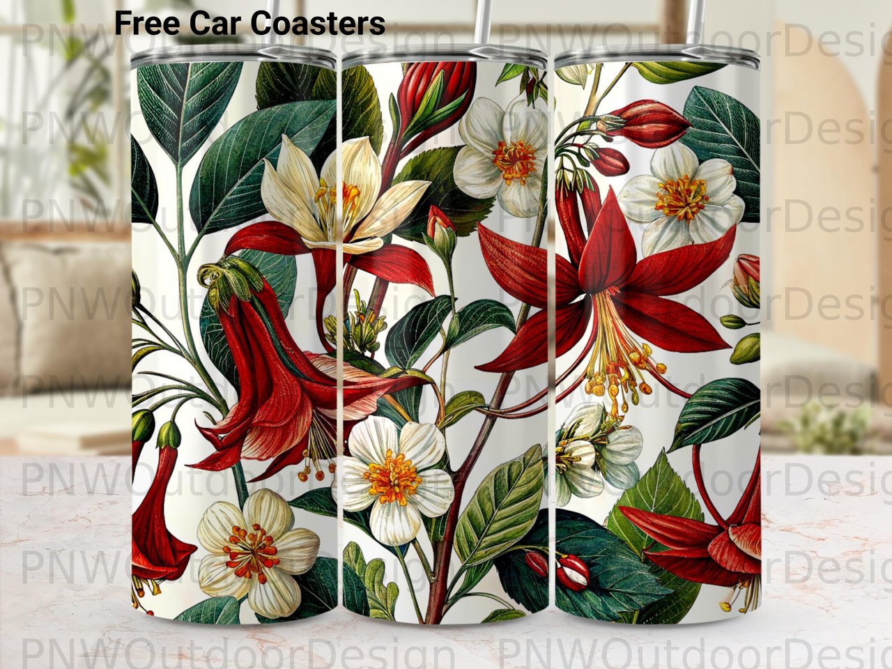 Seamless Botanical Tumbler Wrap PNG Digital Download for 20oz Skinny Sublimation, Vintage Floral Design File