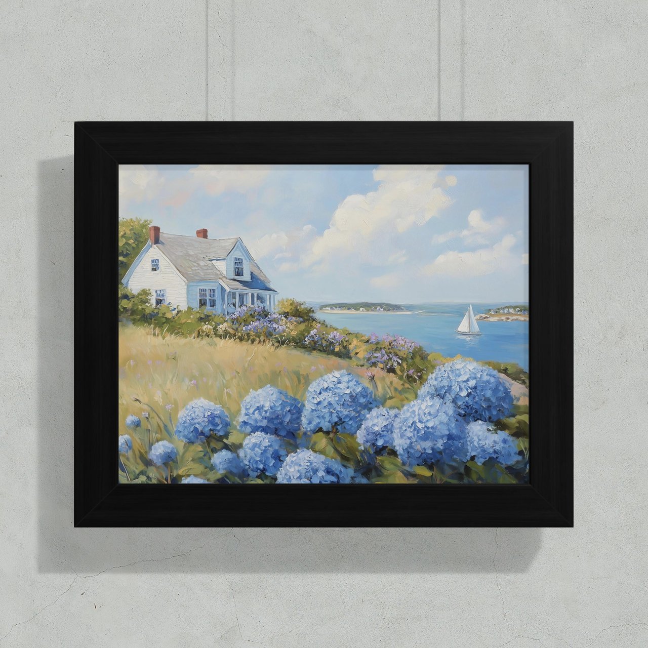 Coastal Cottage Art Poster, Framed Poster, Hydrangea Painting, Seaside Home Print, Sailboat Decor, Summer House Wall Art