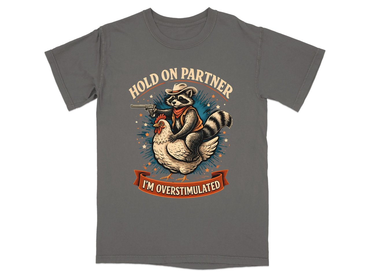 Overstimulated Raccoon Cowboy Graphic T-Shirt