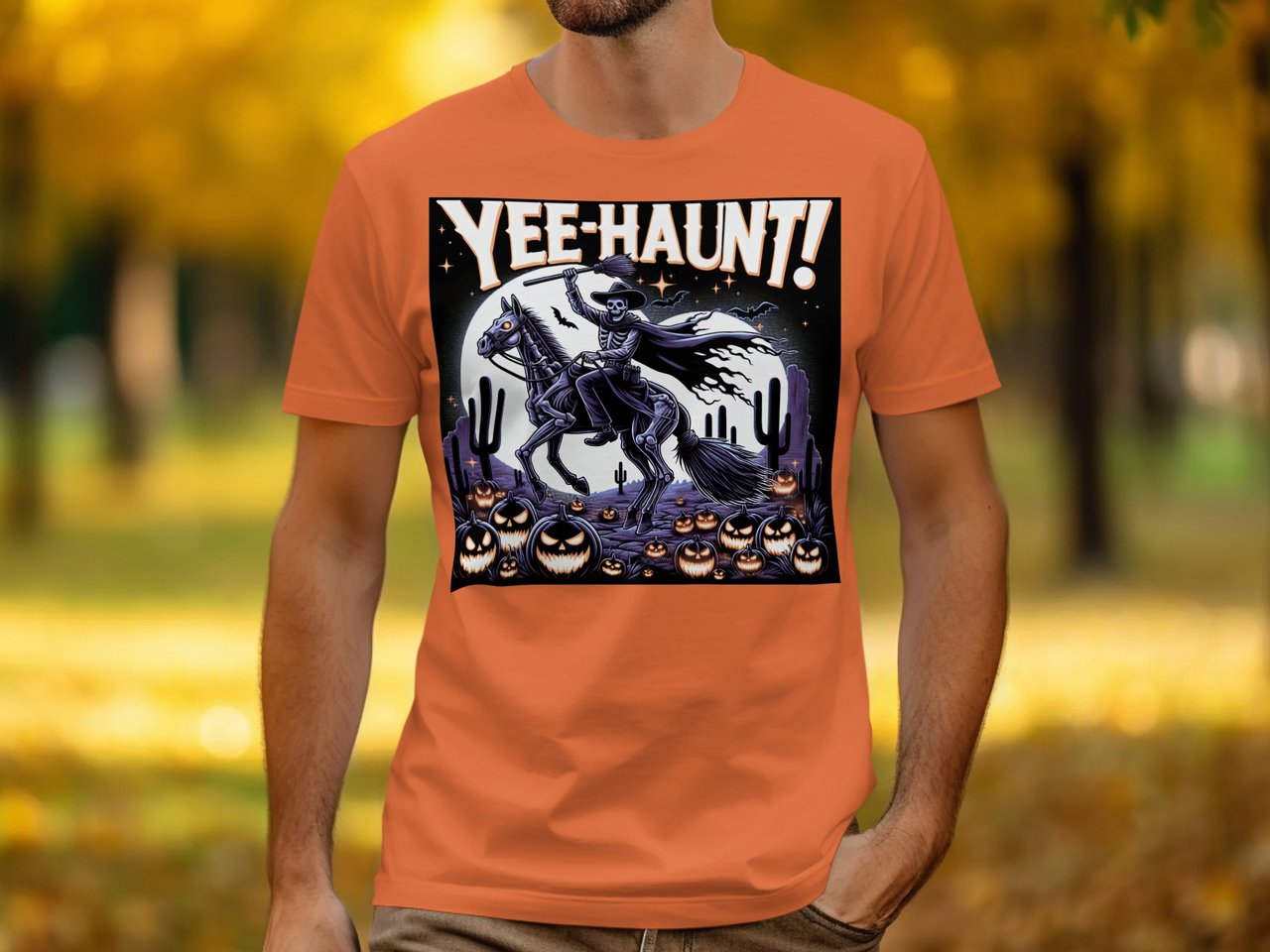 Yee Haunt Skeleton Cowboy T Shirts, Halloween Horse Rider Tee, Spooky Western TShirt, Pumpkin Patch Shirts, October Tee