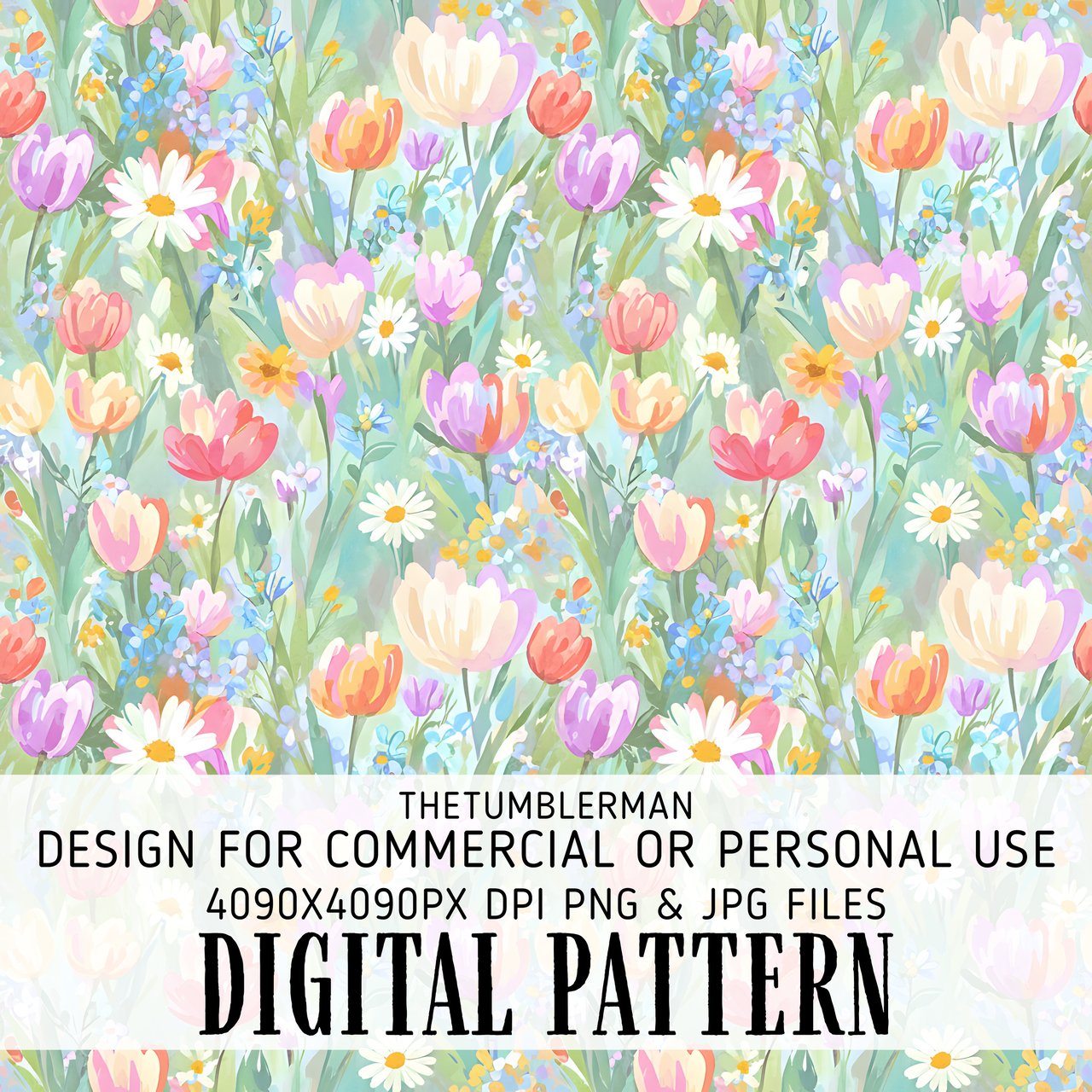 Digital Pattern Bundle, Tulip Flowers, Daisy Flowers, Floral Digital Paper, Watercolor Digital, Seamless Pattern for Commercial Use
