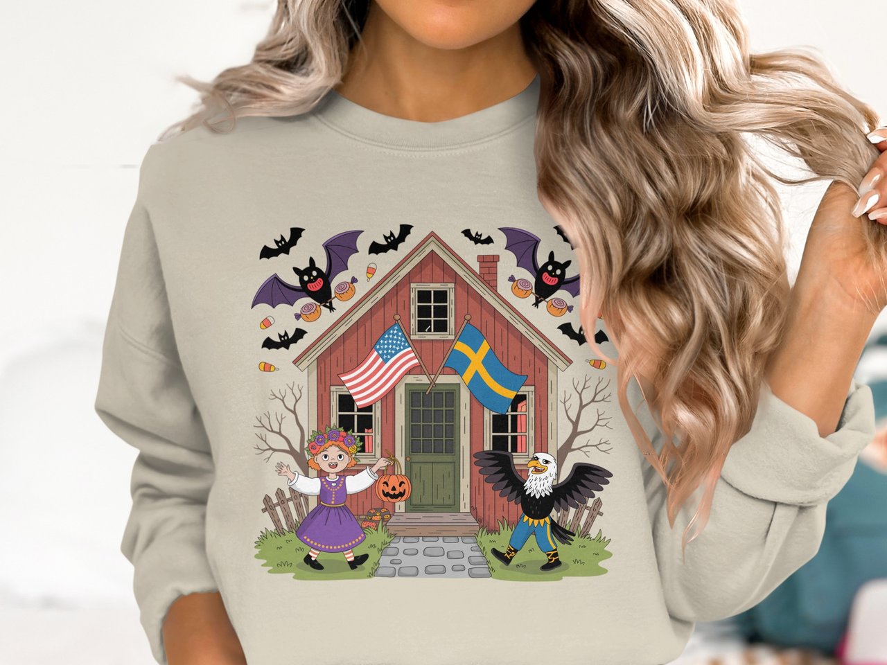 Swedish American Halloween Sweatshirt and T-shirts, Halloween Bats, Eagle, Halloween Girl, Halloween Flags, Trick or Treat, Halloween House